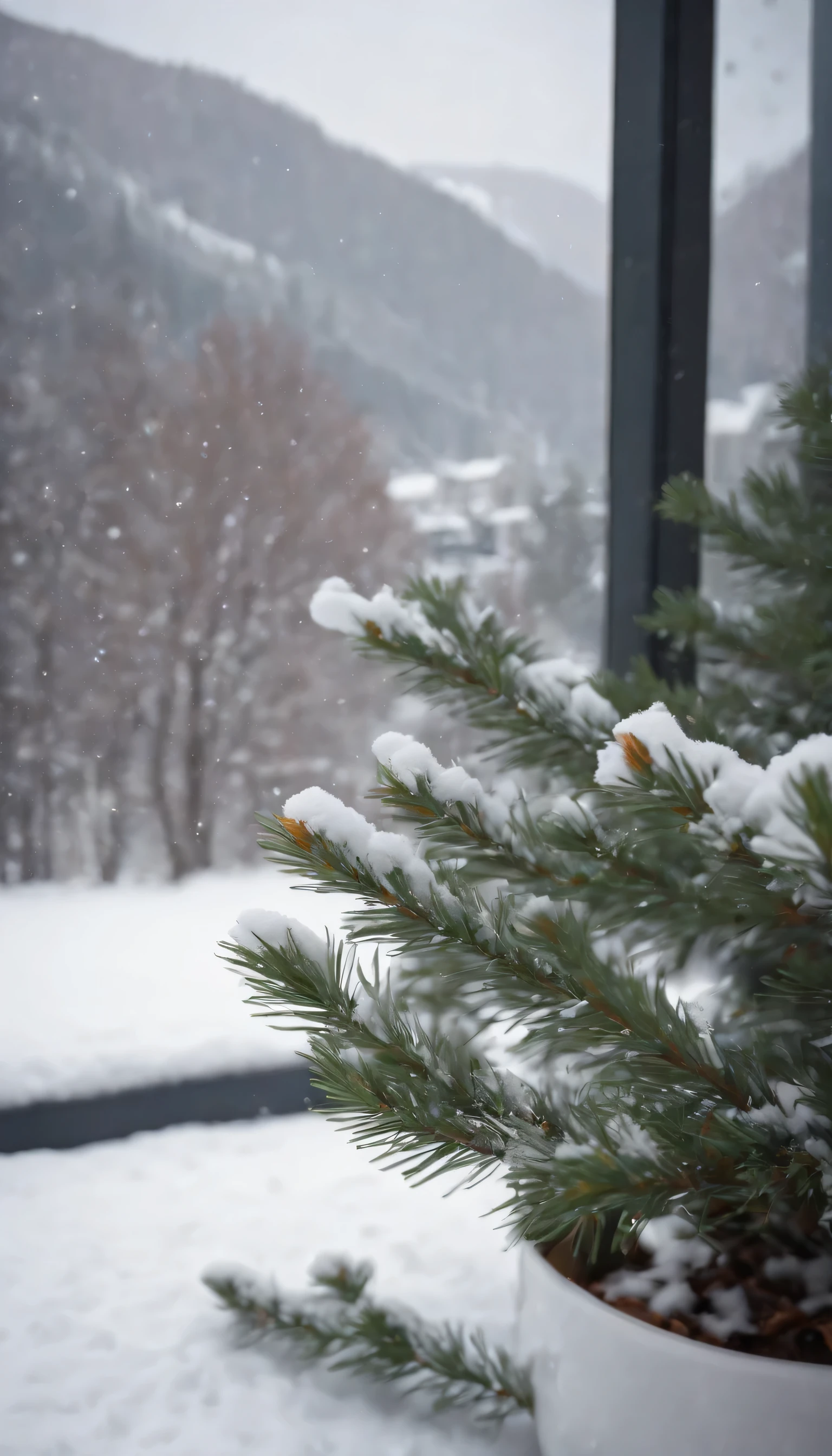 (Highly detailed CG Unity 8k wallpaper、masterpiece、highest quality、Super detailed)、(best lighting、best shadow、very delicate and beautiful)、highest quality、8k、Detailed facial depiction、masterpiece、highest quality、Crisp image quality、Photo of snowy scenery seen from the window