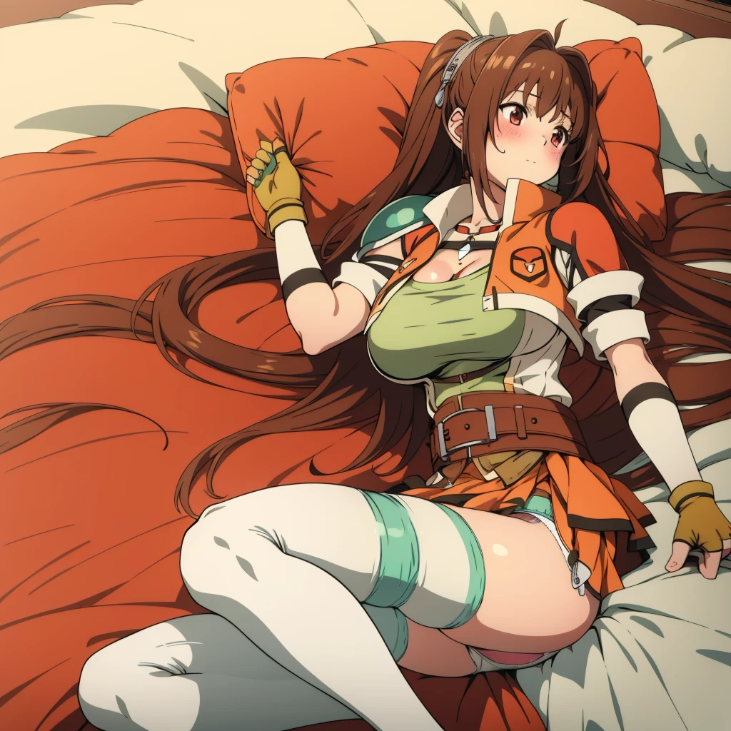 masterpiece, best quality, scEstelle, cropped jacket, green shoulder pad, tan shirt, (cleavage) orange skirt, belt, brown gloves, white thighhighs, (panties:1.2), 1girl, (solo), Bedroom, pillow, blush, huge breasts, lying, under boob