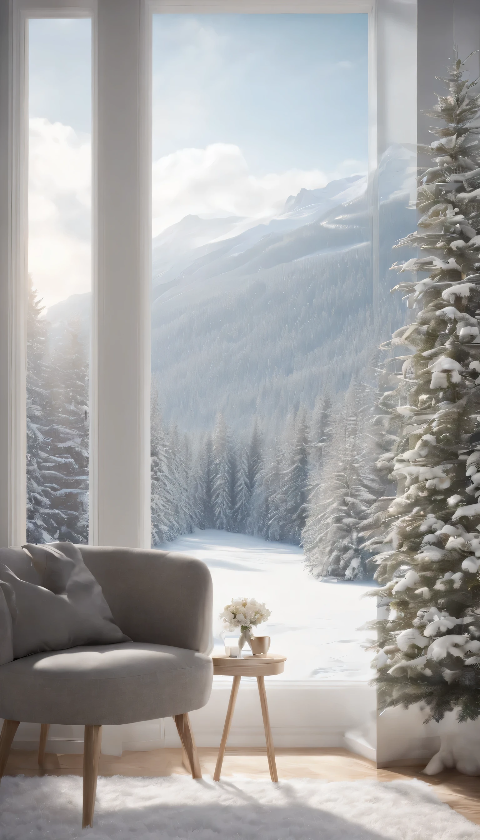 (Highly detailed CG Unity 8k wallpaper、masterpiece、highest quality、Super detailed)、(best lighting、best shadow、very delicate and beautiful)、highest quality、8k、Detailed facial depiction、masterpiece、highest quality、Crisp image quality、Photo of snowy scenery seen from the window