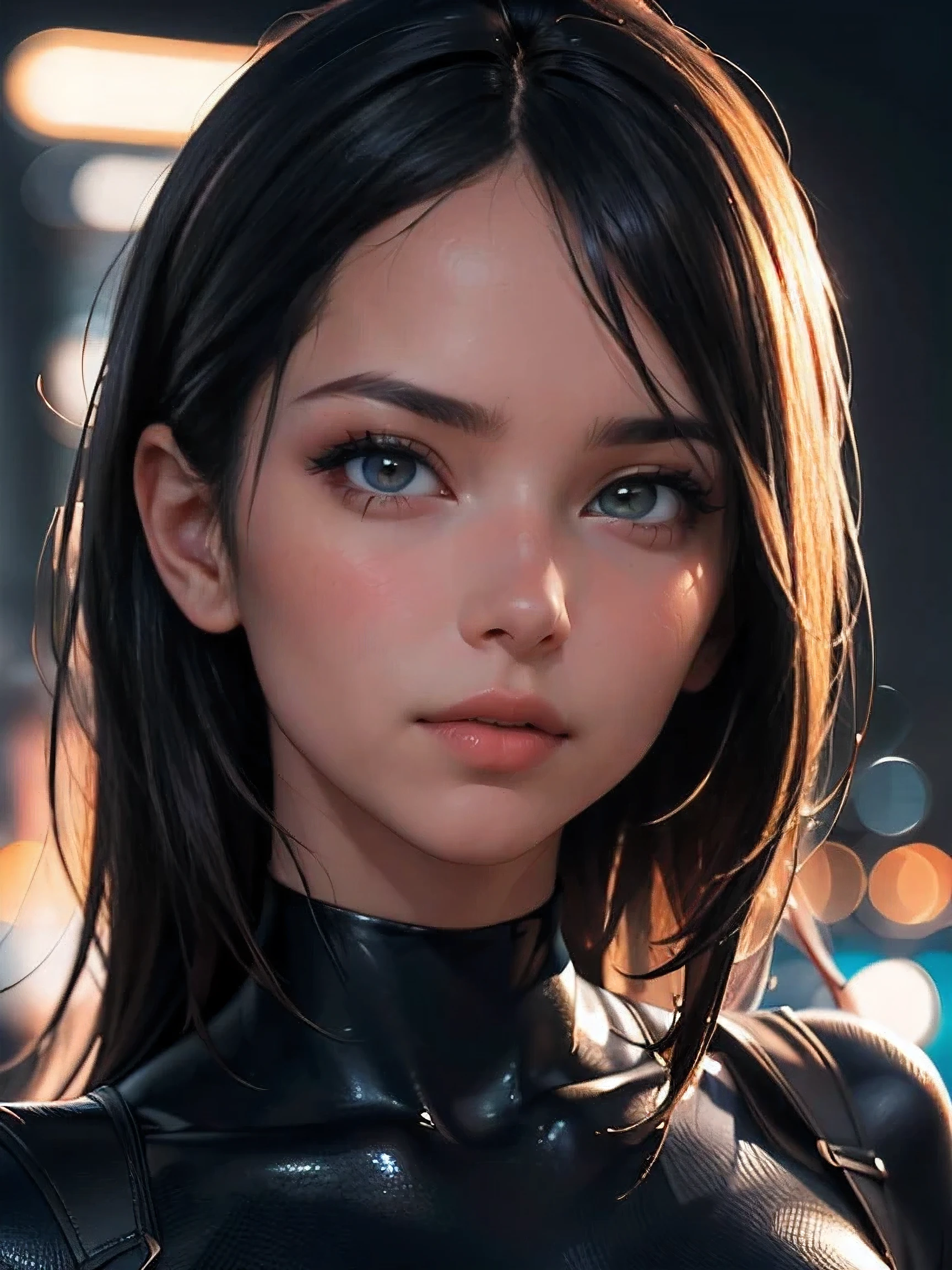 (((HD photo))), ultra high res.photorealistic:. 1.4, UHD, masterpiece, trending on artstation, closeup, frontal shot, portrait pretty, cute girl, most beautiful in the world, soft, delicate, long dark hair, large breasts, wearing turtleneck, sunkissed, minimal night background