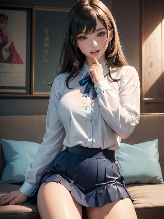 (best quality, 8k, highres, photorealistic:2.0), (solo, one girl:2.0),(lighting: strong),(lighting: front),(very muscular girl:2.0),(bodybuilder girl:1.5),(shiny skin:1.5),(brown hair color:1.5),(Bend your legs and open your thighs:1.8),(black loafers:1.5),(light blue blouse:1.6),(collar blouse:1.2),(long sleeve light blue blouse:1.3),((tight blouse:1.7)),(Emphasize cleavage:1.2),(short socks),(white socks:1.1),((blue pleated skirt)),((blue skirt)),((open blouse button)),((Wearing lace panties)),((Girl leaning on an old leather sofa)), very beautiful Japanese  girl, Blush brown makeup , dark eye makeup,(Hold loosely clenched fist in front of face:1.7),(girl with open mouth:1.4),(Instructing viewers to perform a self hand job:1.3),(Gesture to give you a hand job:1.3),(Jerk Off Instruction for viewers),(very smiling girl),(Instructing viewers to masturbate themselves:1.3),(licking gesture)