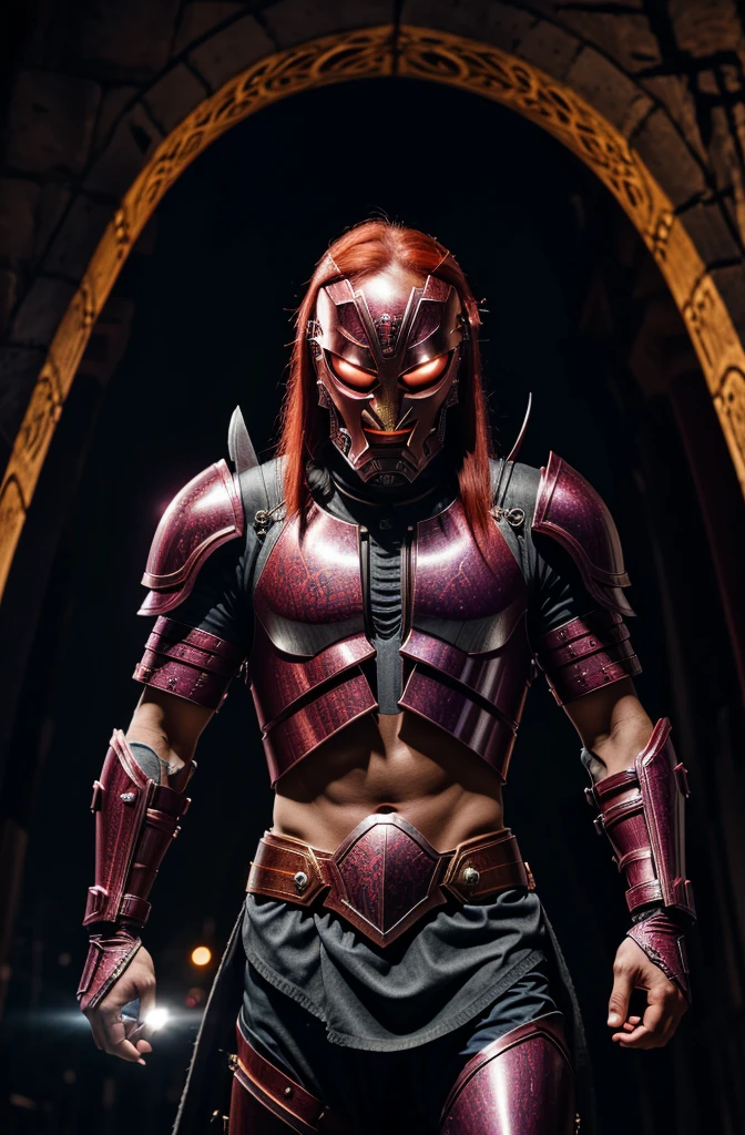 Red hair, man，purple armor, light bearer karoriors, medieval city, dark, fighting, epic, karo, Surrealism, 8k, Super details, karo, fighting against demons, darkness, fear, rain