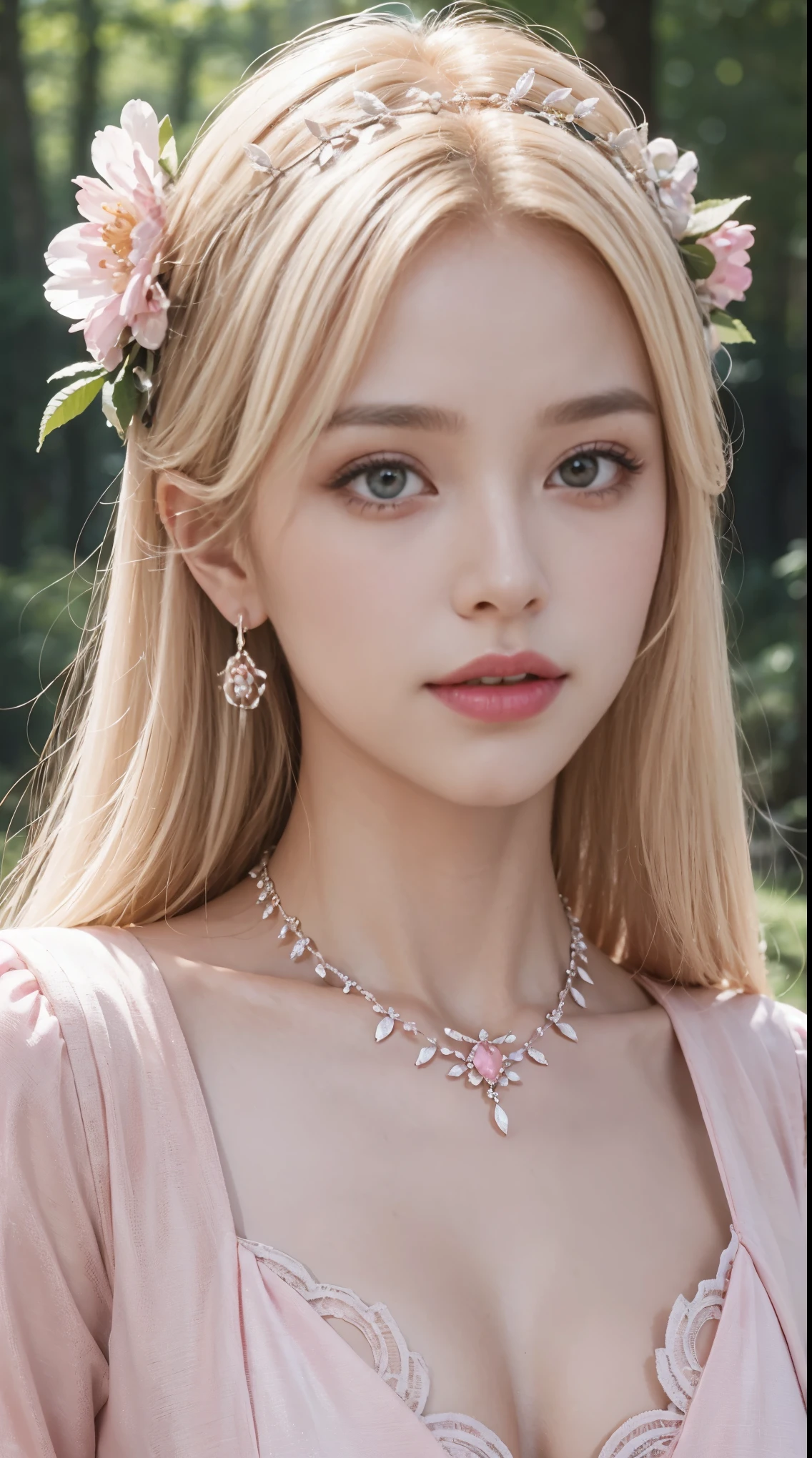 Close up A woman pink lips and blonde hair with royal earring wearing flower crown and royal necklace walking on the forest