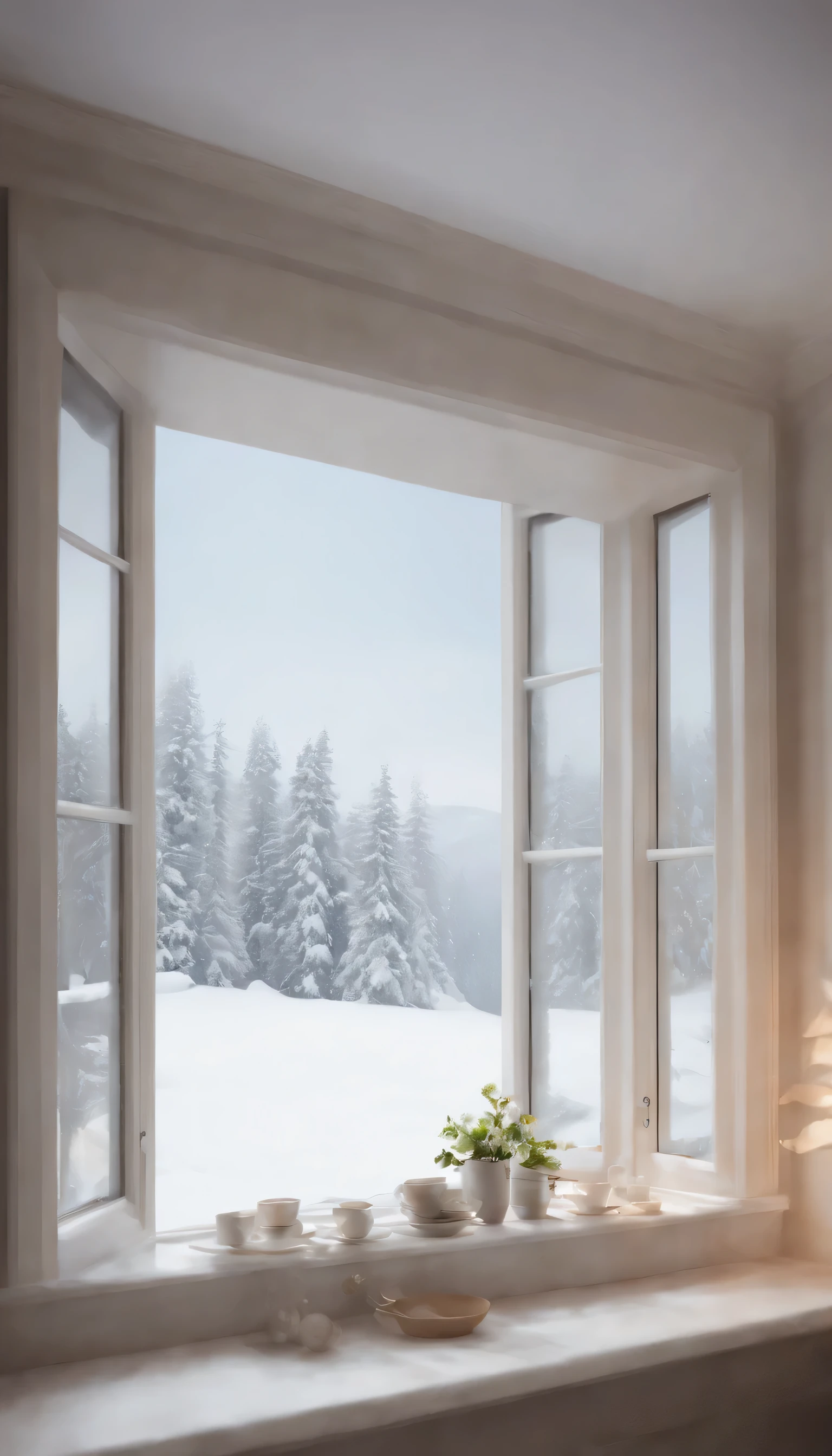 (Highly detailed CG Unity 8k wallpaper、masterpiece、highest quality、Super detailed)、(best lighting、best shadow、very delicate and beautiful)、highest quality、8k、Detailed facial depiction、masterpiece、highest quality、Crisp image quality、Photo of snowy scenery seen from the window