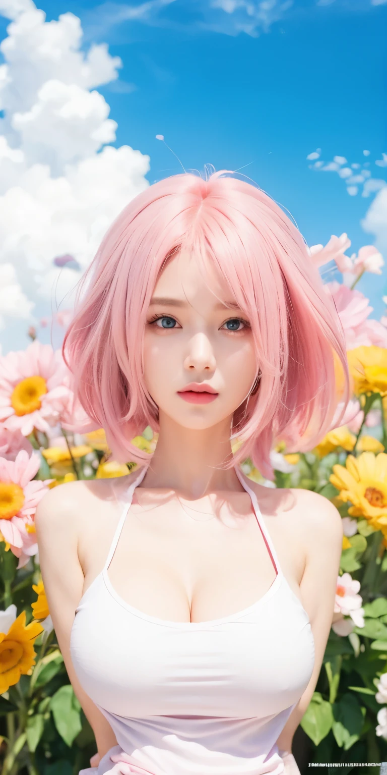1girl,big , pink hair, pink eyes,high quality, ultra detailed, masterpiece, realistic, clothes