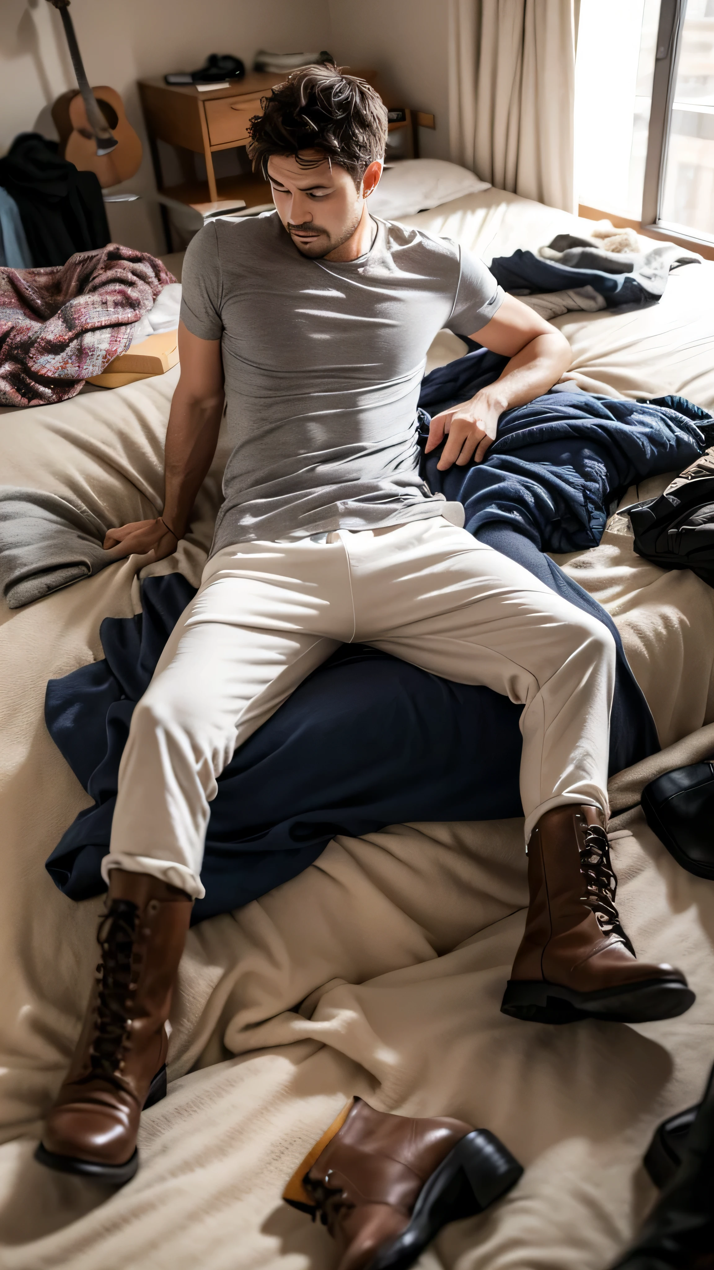  Husband wakes up with a confused expression in a little messy bedroom, very view clothes and one boots scattered around. Background: indicating a man waking up after a drunk night. and make perfect face 