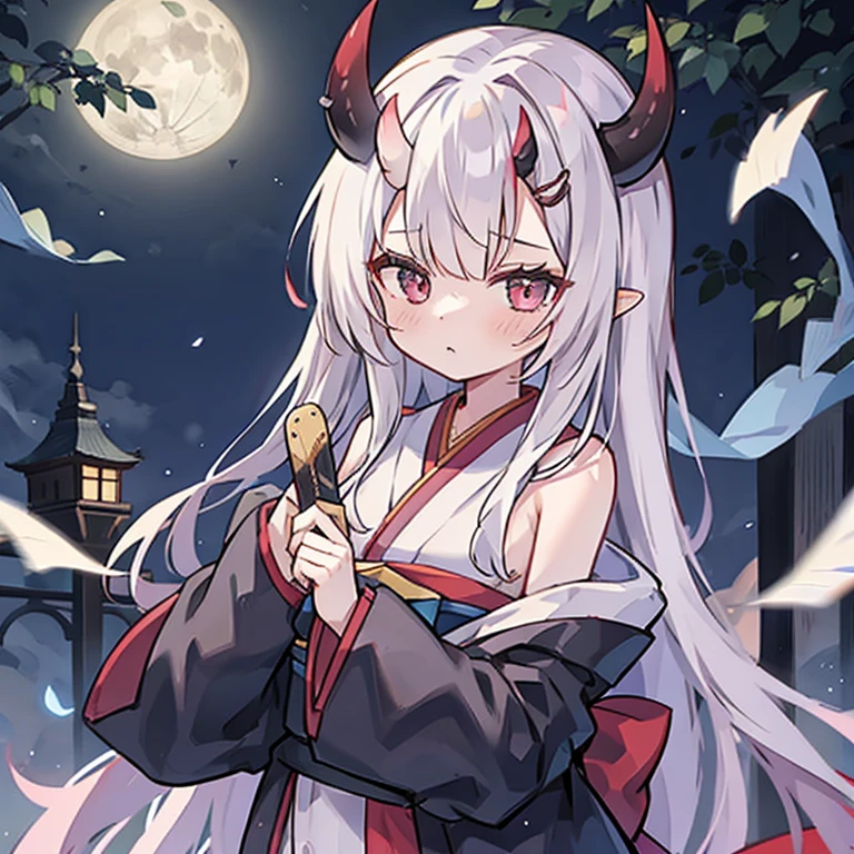 Demon Woman、tall、Slender、small breasts、kimono、knife、sharp eyes、night、full moon、grassland