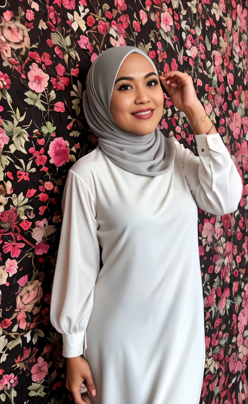Masterpiece:1.2, high quality, best quality, high resolution, detailed, hyper realistic, 1 malay girl, wear baju kurung, bright short white hair, Shaggy Bob Haircut with Bangs, brown eyes, head tilt, sunset, birds flying, strawberry plant, Portrait, smile, showing teeth, (detailed face), ((sharp focus)), ((face)), upper body, mid shot portrait,