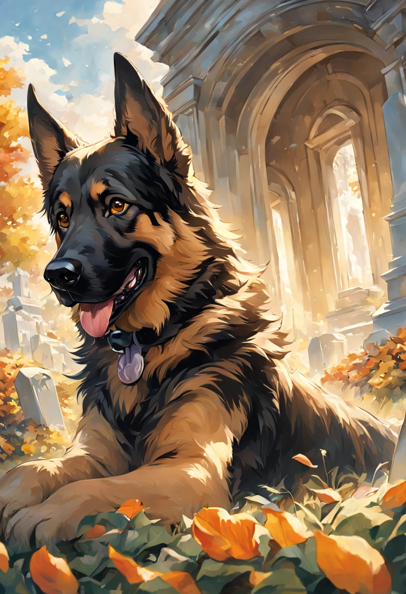 a "Pulitzer Prize for Feature Photography award winning photograph" of a "German Shepard dog" with a sad, plaintive, solemn expression lying beside a tombstone in Arlington cemetery on a clear, sunny fall day. tearjerker, heartwarming. cinematic poster art. epic, a masterpiece, detailed matte oil painting by Adi Granov and Karol Bak.