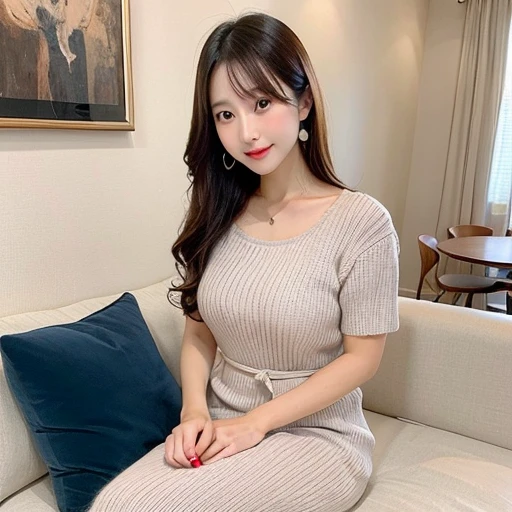 beautiful, mother-in-law, Japanese, sensual, Maxi knitted dresses, in the living room, fascinating look, short sleeve,
