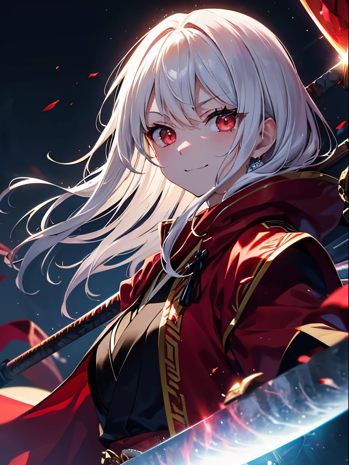 cat ears:1.3),(Sky Eyes 1.3),(face focus:1.3), (anger, smile:1.3),(gentle features:1.3),(long white hair:1.3), hair is dirty, red eyes,red eyes,red eyes(Eyes are red:1.3), (perfectly detailed eyes:1.3),dynamic angle,black kimono,Black too,Her skin is white,red lightning,Red thunder, Swirling rainbows and lights on complex background、It enveloped me like a serpent in an interstellar wind,(ax fighting pose:1.3),(glowing red samurai ax:1.3),(red lightningに輝く斧:1.3),she has a samurai ax,Unleash the Blade of Light,highest quality, (Red cloak with war maiden decoration:1.3),Raise the railgun, ((sanpaku))((I am proud)), (red glowing thunder ax:1.3),(fiery red ax:1.3),Blade of Light,Lens flare, Big rainbow,The moon shines,Star chips, bloom, ((shine of light)), chromatic aberration], digital painting, insane details, intricate details, beautifully color graded, unrealistic Engine, cinematic , color grading, Editorial photograph , photograph, photograph撮影, Canon 5D Camera photograph,Photographed with a 70mm lens, depth of subject, Super sharpness, nffsw, octane number, unrealistic, dramatic light, global illumination,movie film,rainbow,Lens flare,(Moonlight Art:1.3:1.3),(Sengoku:1.3),(Agfacolor:1.3),(close portrait:1.3),(feminine:1.4),(beautiful:1.4),(Charm:1.3),Move an angle,Themed Background,
