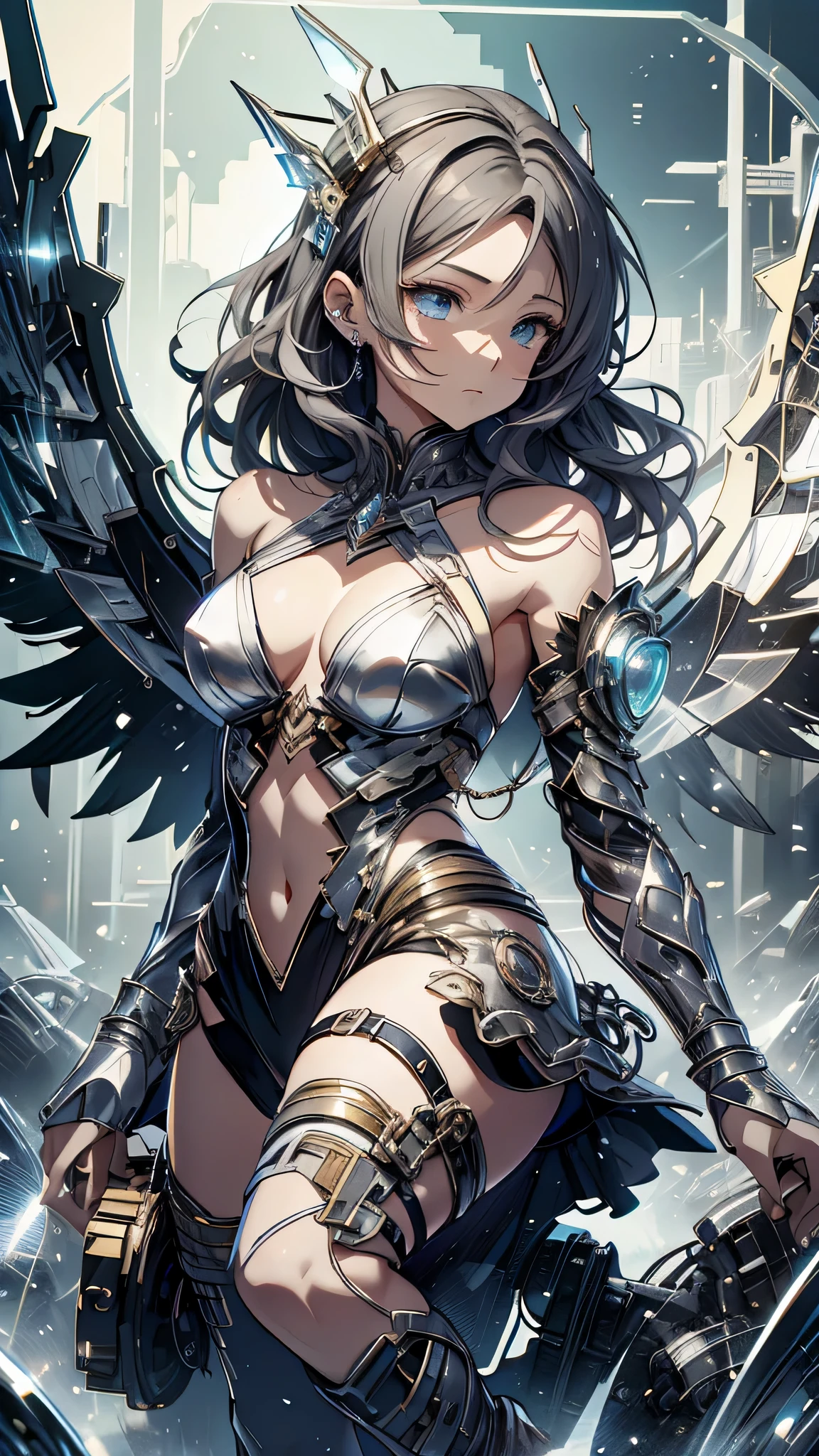 最high quality、best image quality、masterpiece、age girl((18-year-old、 By becoming、vest bust、medium bust,wide open breast tea、black eye, gray hair、long hair、thin,highest valley、Black Battlesuit、white arm parts、white leg parts、Holding a big sword、mechanical silver wings)),high quality、beautiful art、background((universe、battlefield、flying beam))debris flies、Depth of written boundary、movie、visual art、perfect art、8K,genuine