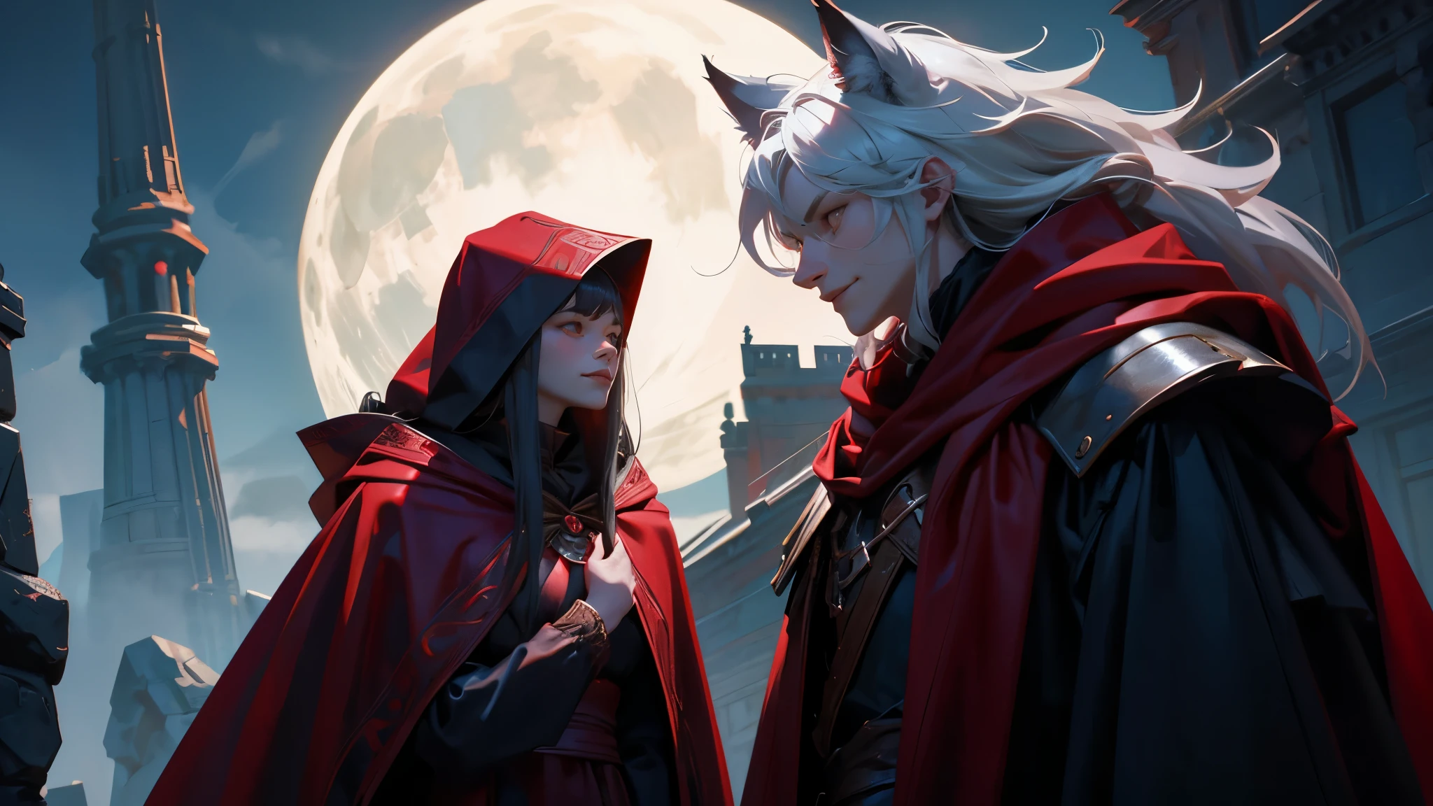 With a fake smile, the werewolf approaches the red cloak and talks to him. He tries to sound friendly and asks the girl some questions. The girl is not afraid of the wolf. He replies to Greg