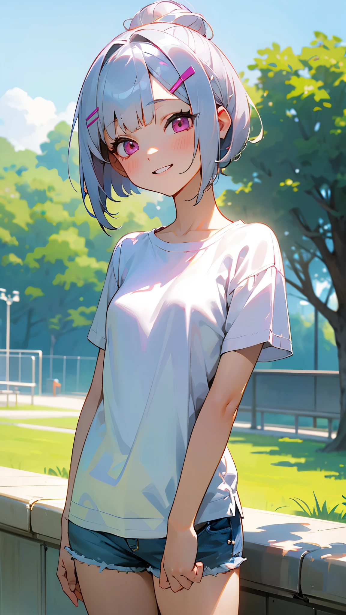 Silver hair and short bob hairstyle、Gather your hair into a bun with a hair clip、pink eyes、A 17 year old girl with small breasts、Wearing a white T-shirt and shorts、meeting someone。clear blue sky in summer、With a big park in the background、laugh together、Portrait、Bright colors、Natural light