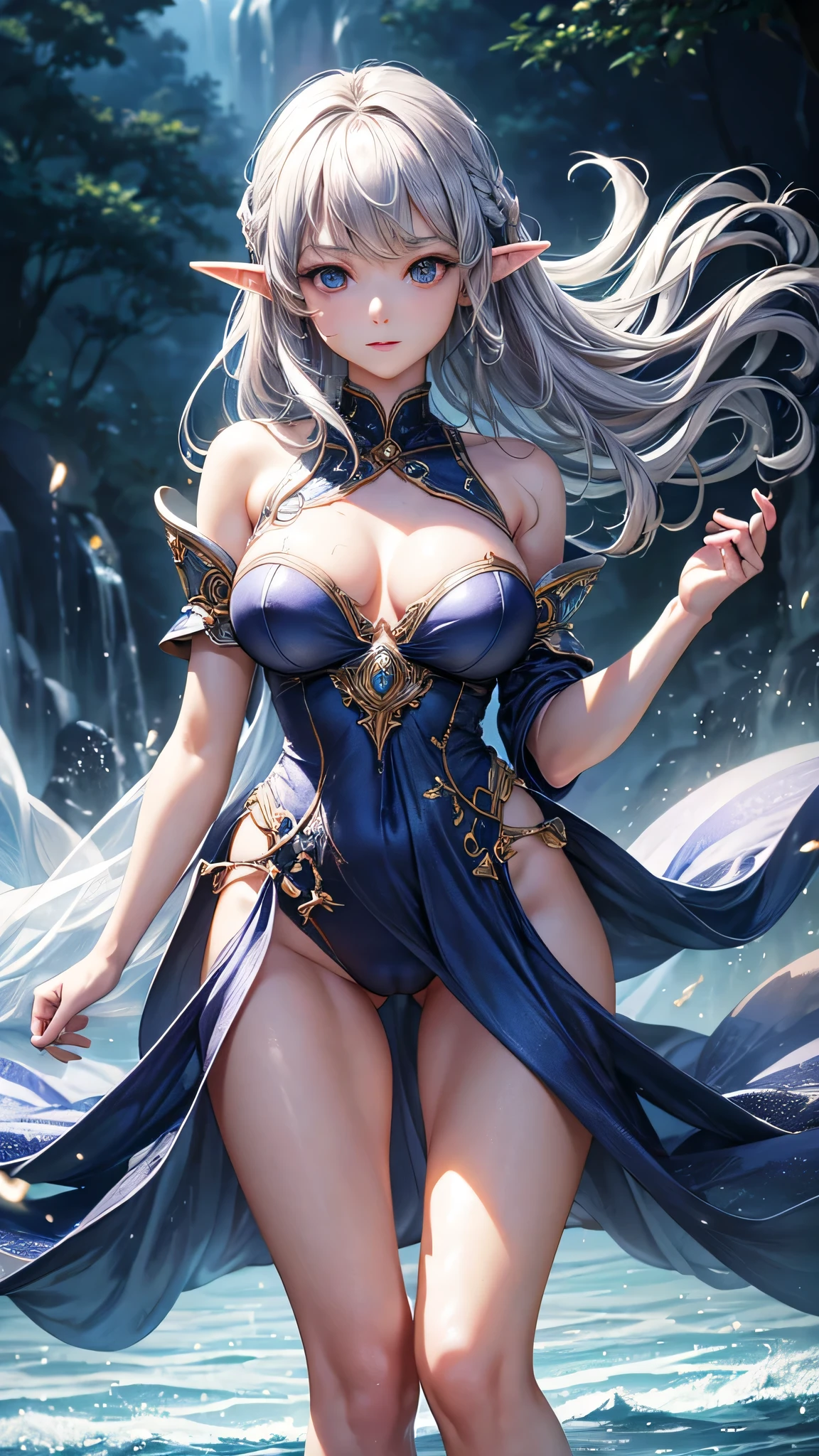 (Close-up:1.4)、(RAW photo:1.2)、(photorealistic:1.4)、(masterpiece:1.3)、(最high quality:1.4)、(Beautiful woman with perfect body:1.4)、solo、7 head and body、(cute face)、(cute:1.2)、(full body shot)、(big breasts:1.3)、(beautiful detailed eyes)、(charming big eyes)、(beautiful double eyelids)、(beautiful and detailed face)、(fantasy、Magic Effects、summoner:1.3)、(Half-Elf:1.2)、(silver hair:1.2)、gorgeous dress、trong wind、See-through、Wet、dark hair、slender、small butt、beautiful feet、skinny legs、Surrealism、cinematic lighting、Depth of bounds written、first person perspective、ticker、muste piece、curate、(perfect anatomy:1.2)、textured skin、super detail、high details、high quality、best quality、High resolution、8K、illumination、