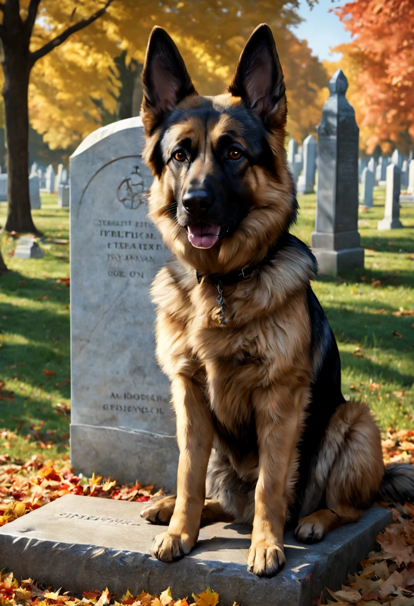 a "Pulitzer Prize for Feature Photography award winning photograph" of a "German Shepard dog" with a sad, plaintive, solemn expression lying beside a tombstone in Arlington cemetery on a clear, sunny fall day. tearjerker, heartwarming. cinematic poster art. epic, a masterpiece, detailed matte oil painting by Adi Granov and Karol Bak.