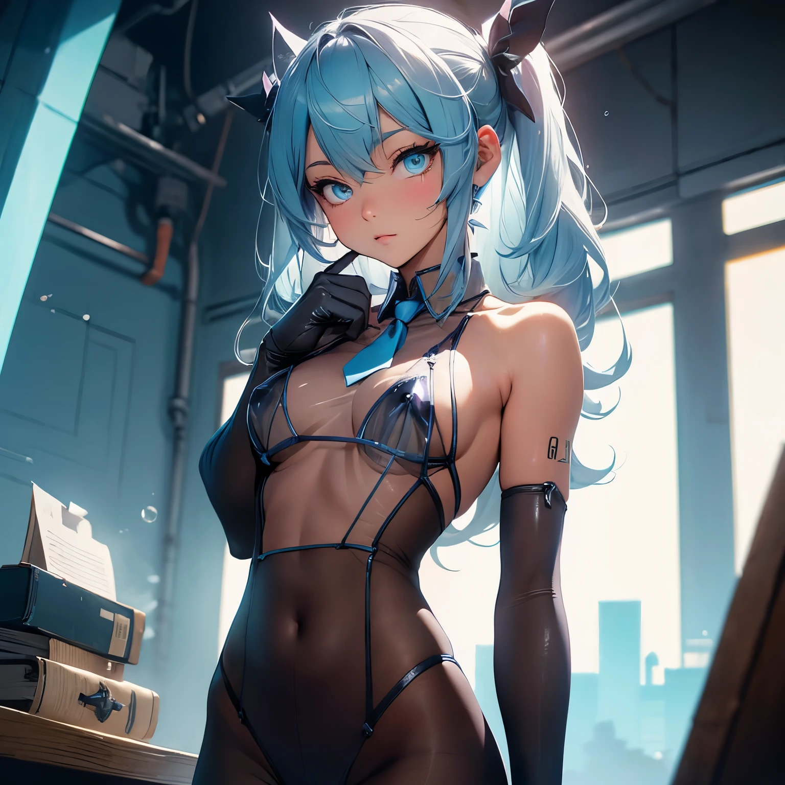 (quality)), ((masterpiece)), Recommended resultsluffly、(see through:1.5)、whole body 、Swollen nipples，straighten your back、huge bust、angle to floor:1.2、low camera angle、Hair loss on crotch、Whole body facing the camera，Hair can be seen on the crotch，Hatsune Miku, 1 girl, (alone:1.2), ((masterpiece)), [Slim], (), ((exquisite eyes)), (bokeh effect), medium shot, Yuradev,  (blue gloves), (blue tie), elegant，Xia tights