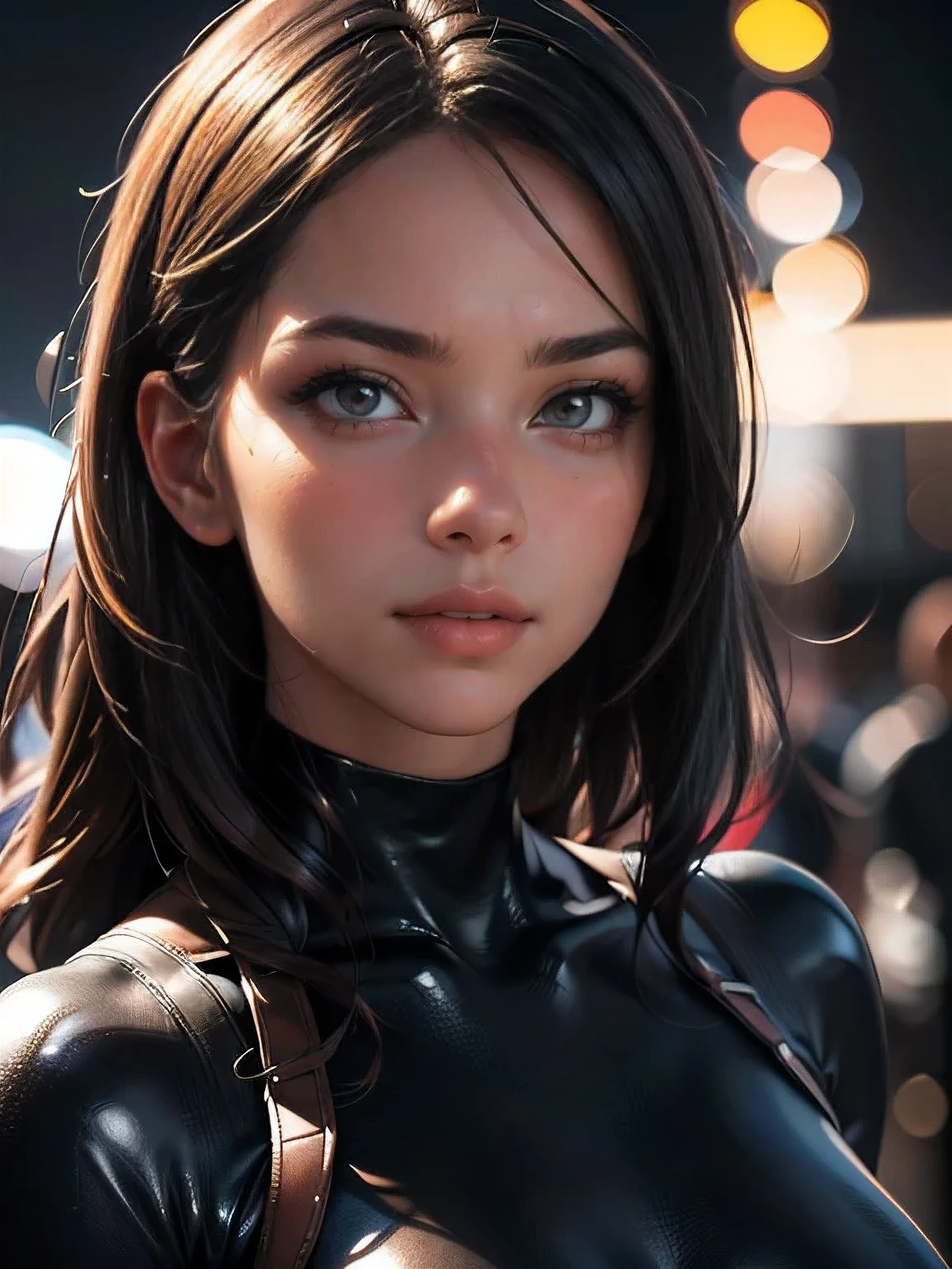 (((HD photo))), ultra high res.photorealistic:. 1.4, UHD, masterpiece, trending on artstation, closeup, frontal shot, portrait pretty, cute girl, most beautiful in the world, soft, delicate, long dark hair, large breasts, wearing turtleneck, sunkissed, minimal night background