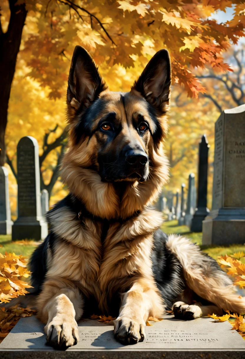 a "Pulitzer Prize for Feature Photography award winning photograph" of a "German Shepard dog" with a sad, plaintive, solemn expression lying beside a tombstone in Arlington cemetery on a clear, sunny fall day. tearjerker, heartwarming. cinematic poster art. epic, a masterpiece, detailed matte oil painting by Adi Granov and Karol Bak.