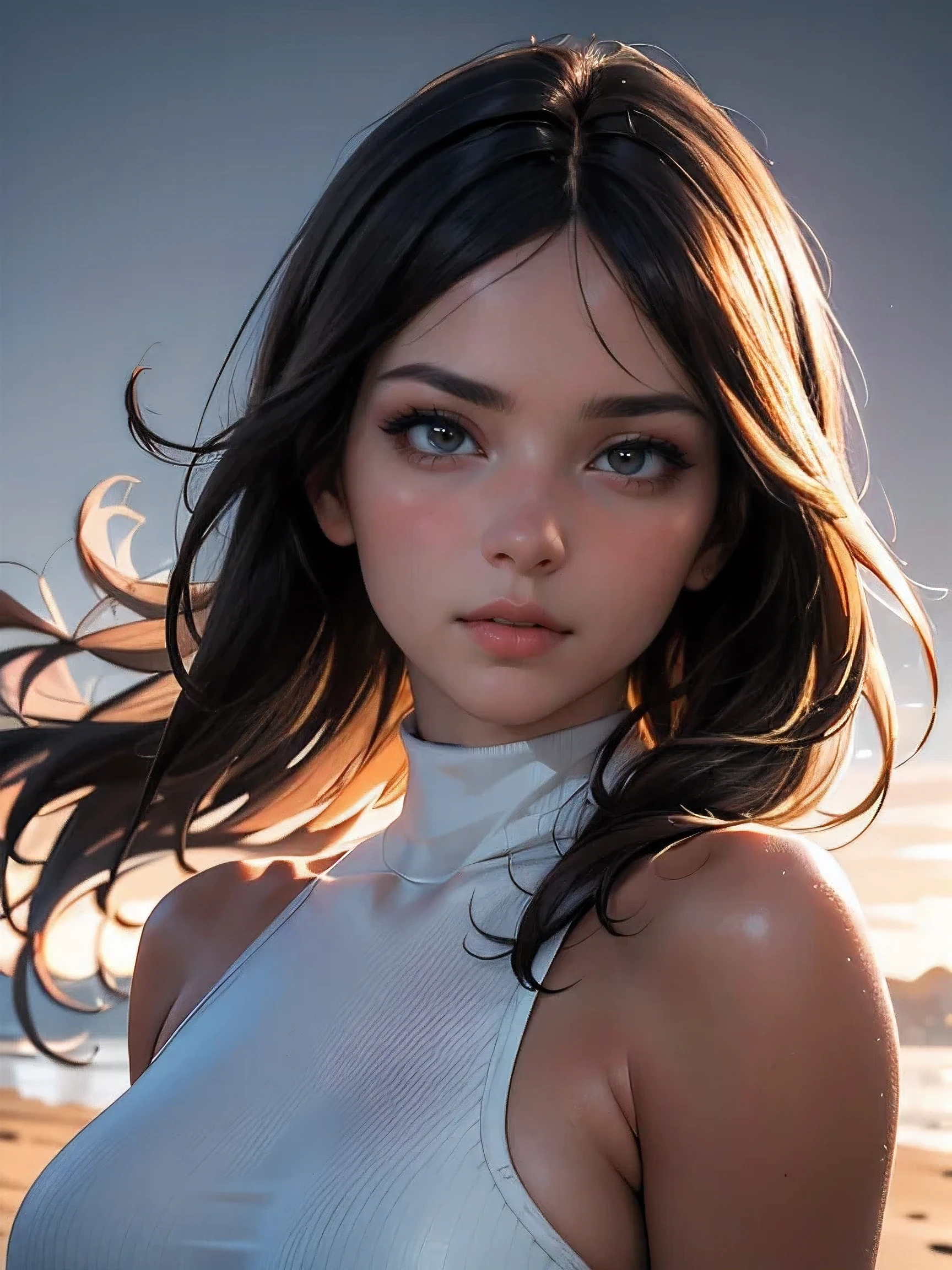 (((HD photo))), ultra high res.photorealistic:. 1.4, UHD, masterpiece, trending on artstation, closeup, frontal shot, portrait pretty, cute girl, most beautiful in the world, soft, delicate, long dark hair, large breasts, wearing turtleneck, sunkissed, minimal night background