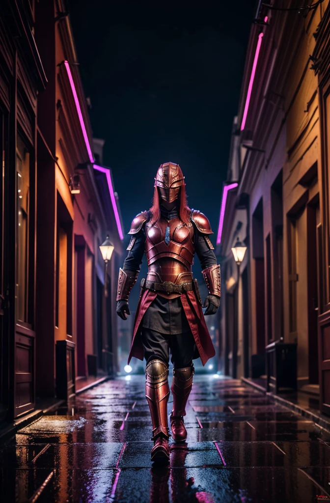 Red hair，man， purple armor, light bearer karoriors, medieval city, dark, fighting, epic, karo, Surrealism, 8k, Super details, karo, fighting against demons, darkness, fear, rain