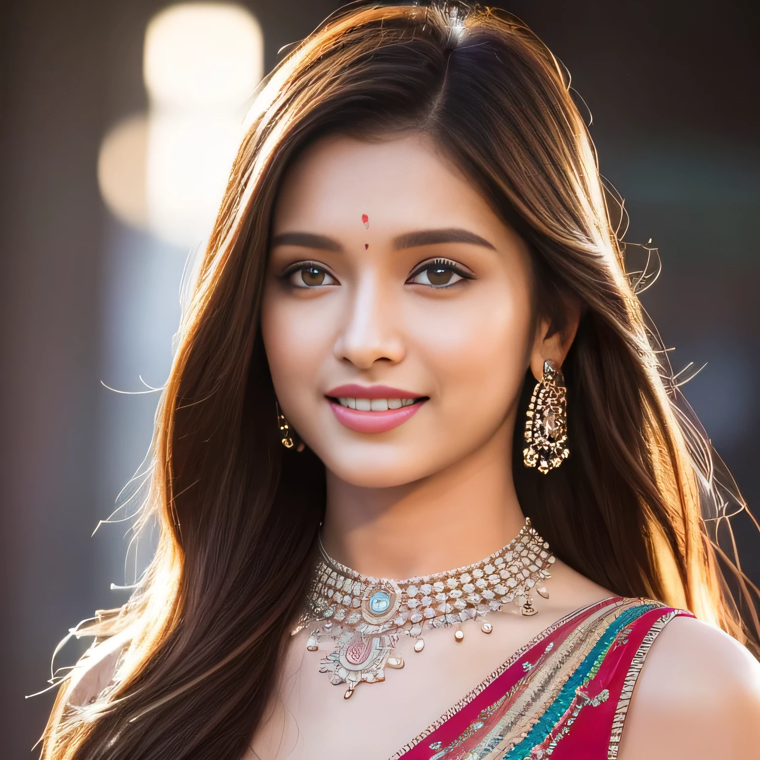 (best quality,4k,8k,highres,masterpiece:1.2),ultra-detailed,(realistic,photorealistic,photo-realistic:1.37),indian gorgeous 23 years old women,stylish outfit,beautiful detailed eyes,beautiful detailed lips,happy,cute smile,sexy,longeyelashes,flowing hair,vibrant colors,portrait,studio lighting