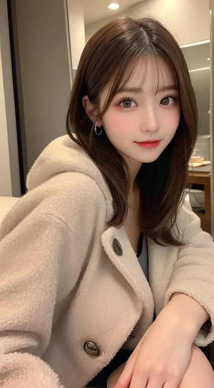 table top, highest quality, shape, Super detailed, finely, High resolution, 8k wallpaper, 完璧なダイナミックな構shape, beautiful and detailed eyes, medium hair, small breasts, natural color lip, random sexy pose,smile,20 year old girl、midnight、beautiful and detailed face、perfect and beautiful face,Big eyes、RAW photo、Expressing feminine poses with your whole body、beautiful and detailed eyes、small face、beautiful duplex、slim face and style,luxury brand mink coat(inner：winter dress)、beautiful golden ratio face,Twin Ponytail Hair,bright look