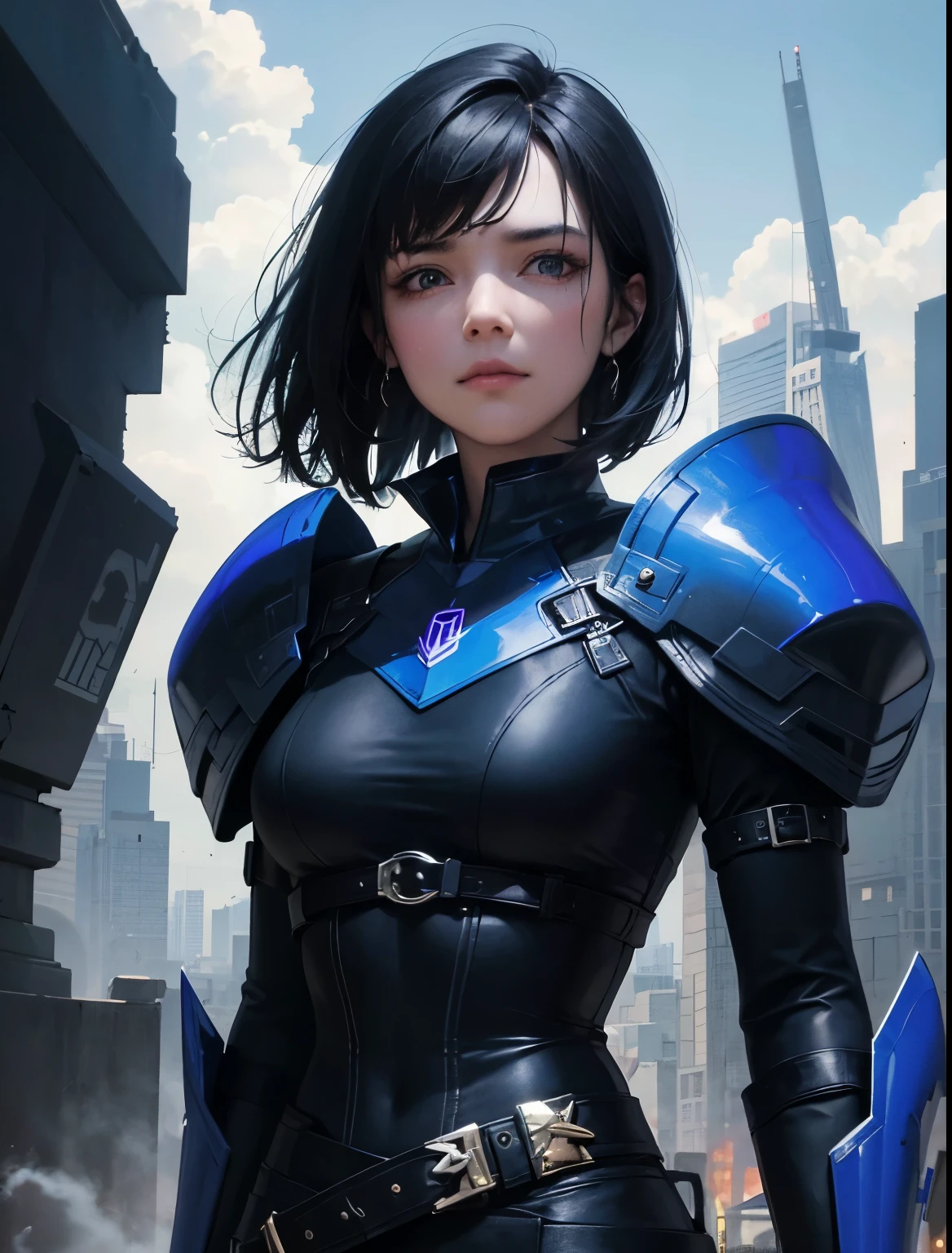 A beautiful black-haired woman stands with a tense expression on her face. She wears a metallic black battle uniform, and around her waist is a belt with a blue round gemstone embedded in it. In the background of the woman is a small black spaceship. The spacecraft is triangular in shape and constructed of very hard metal. The woman is standing in a city that has been reduced to a pile of rubble.