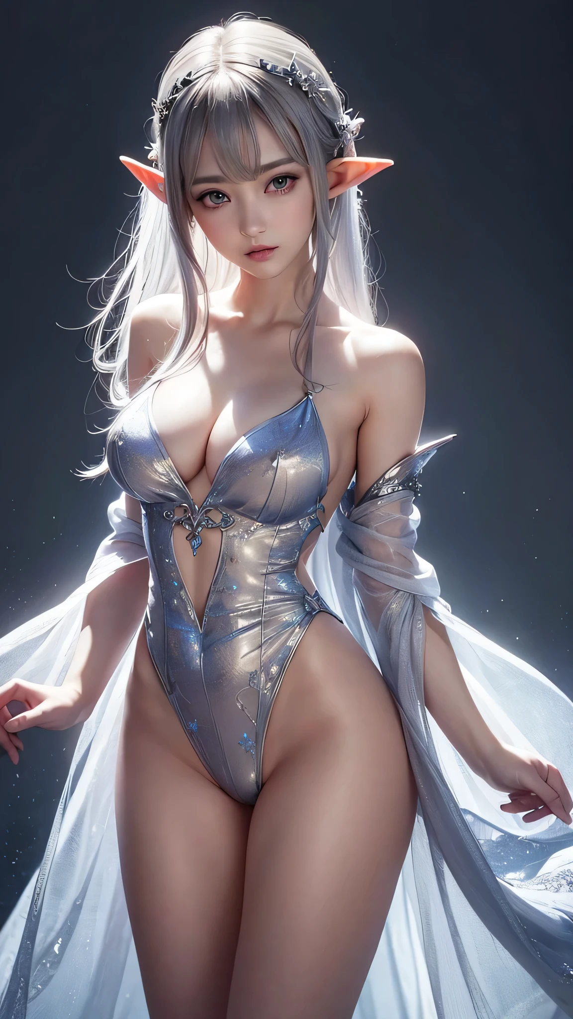 (Close-up:1.4)、(RAW photo:1.2)、(photorealistic:1.4)、(masterpiece:1.3)、(最high quality:1.4)、(Beautiful woman with perfect body:1.4)、solo、7 head and body、(cute face)、(cute:1.2)、(full body shot)、(big breasts:1.3)、(beautiful detailed eyes)、(charming big eyes)、(beautiful double eyelids)、(beautiful and detailed face)、(fantasy、Magic Effects、summoner:1.3)、(Half-Elf:1.2)、(silver hair:1.2)、gorgeous dress、trong wind、See-through、Wet、dark hair、slender、small butt、beautiful feet、skinny legs、Surrealism、cinematic lighting、Depth of bounds written、first person perspective、ticker、muste piece、curate、(perfect anatomy:1.2)、textured skin、super detail、high details、high quality、best quality、High resolution、8K、illumination、
