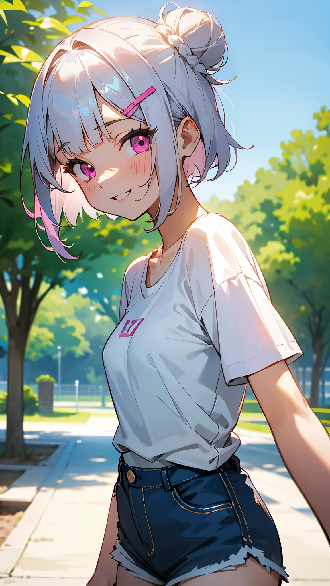 Silver hair and short bob hairstyle、Gather your hair into a bun with a hair clip、pink eyes、A 17 year old girl with small breasts、Wearing a white T-shirt and shorts、meeting someone。clear blue sky in summer、With a big park in the background、laugh together、Portrait、Bright colors、Natural light