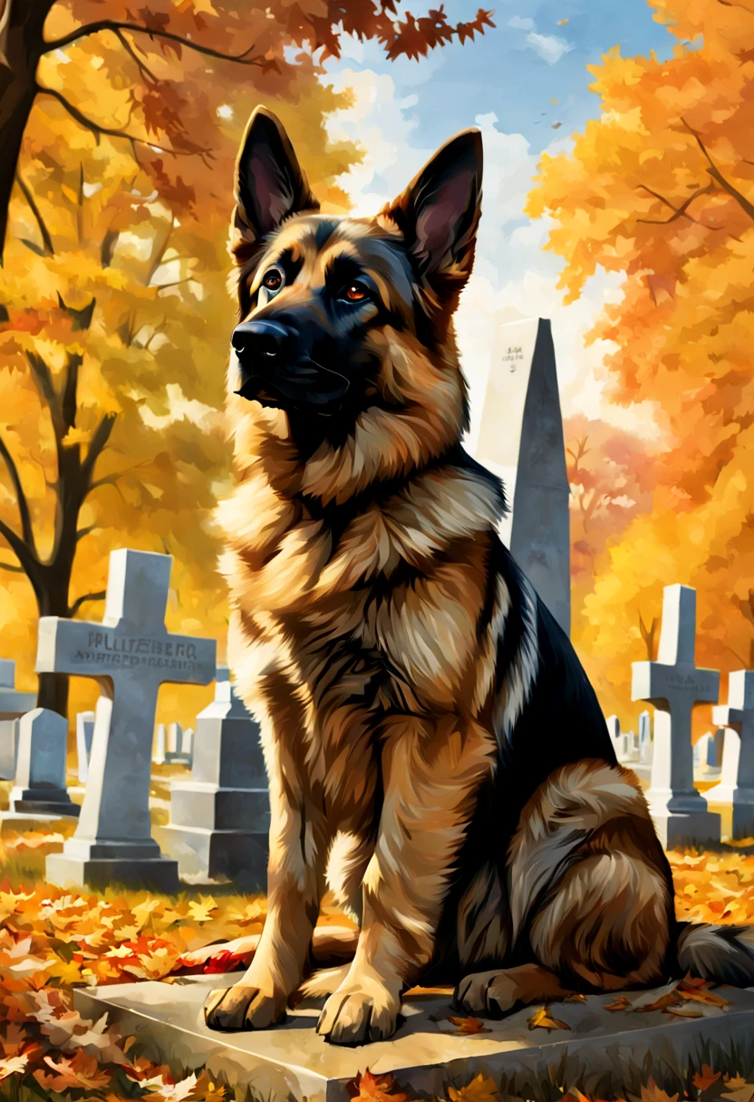 a "Pulitzer Prize for Feature Photography award winning photograph" of a "German Shepard dog" with a sad, plaintive, solemn expression lying beside a tombstone in Arlington cemetery on a clear, sunny fall day. tearjerker, heartwarming. cinematic poster art. epic, a masterpiece, detailed matte oil painting by Adi Granov and Karol Bak.