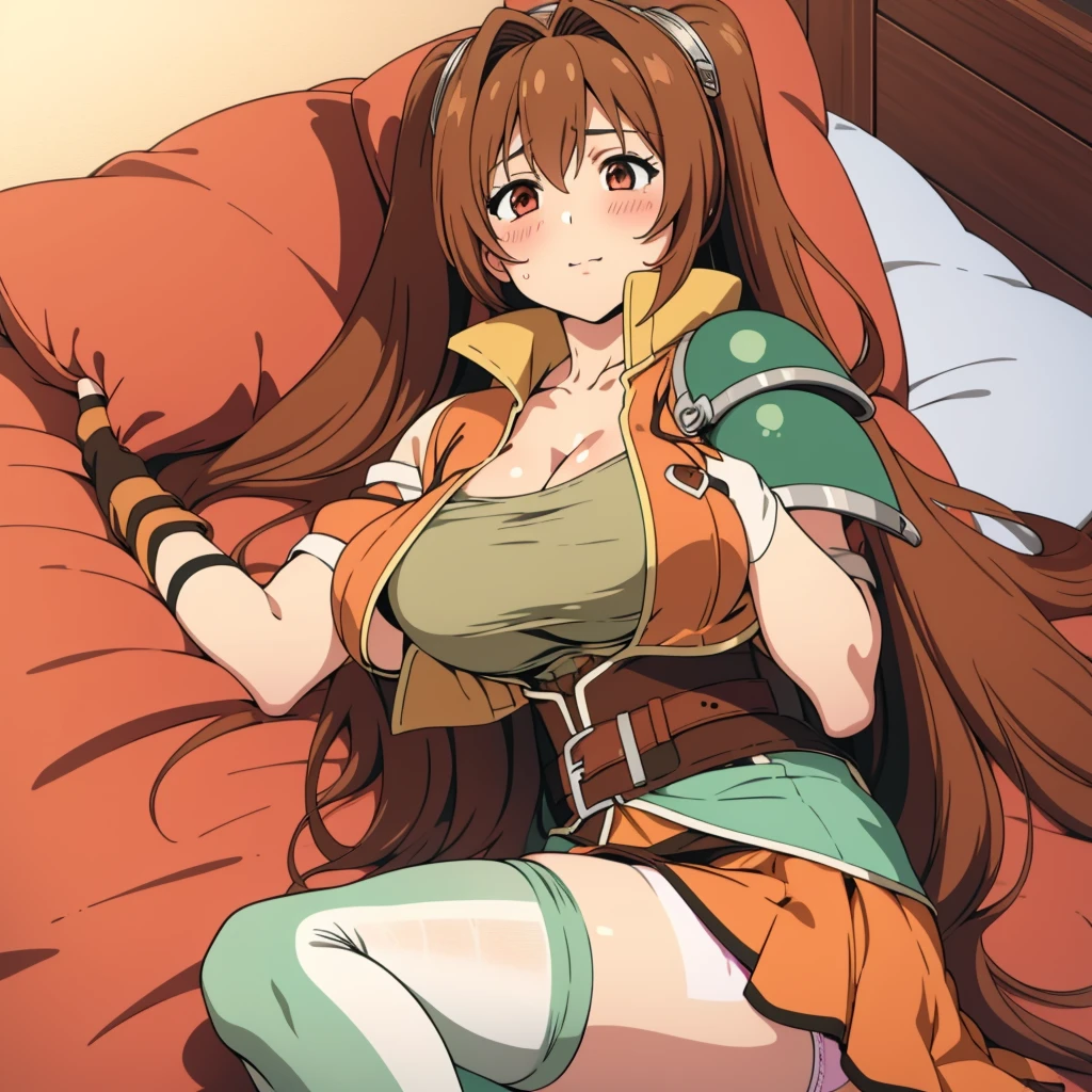 masterpiece, best quality, scEstelle, cropped jacket, green shoulder pad, tan shirt, (cleavage) orange skirt, belt, brown gloves, white thighhighs, (panties:1.2), 1girl, (solo), Bedroom, pillow, blush, huge breasts, lying, (under boob:1.2)