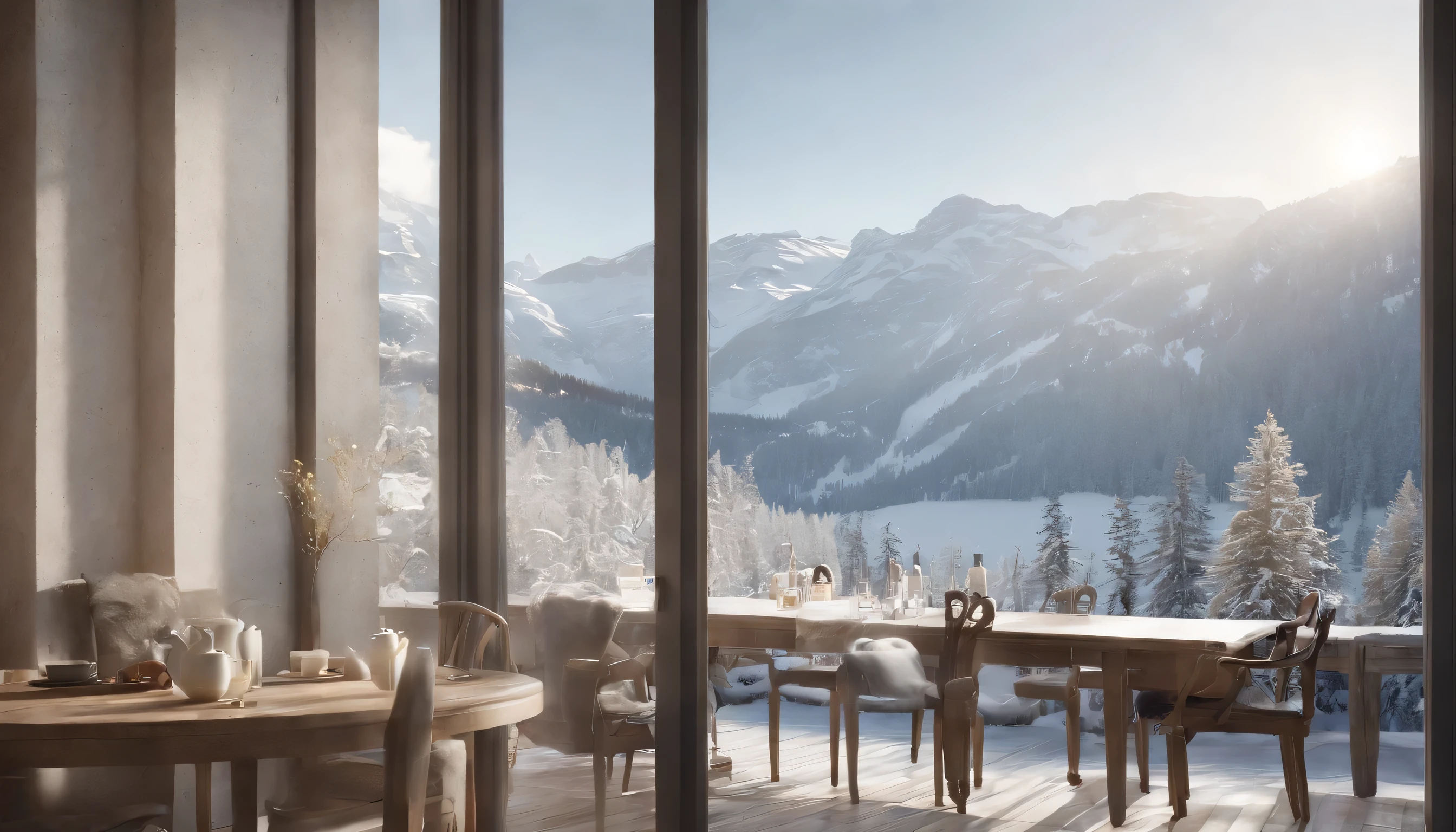 (Highly detailed CG Unity 8k wallpaper、masterpiece、highest quality、Super detailed)、(best lighting、best shadow、very delicate and beautiful)、highest quality、8k、Detailed facial depiction、masterpiece、highest quality、Crisp image quality、Photo of snowy scenery seen from the window