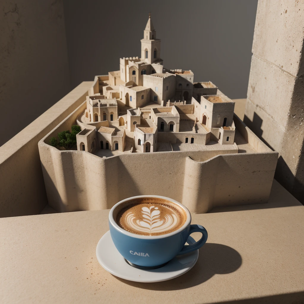There is a blue coffee cup. sassi_di_matera emerging from beige cappuccino foam. High detailed city of Matera, (There is a blue coffee cup. sassi_di_matera emerging from beige cappuccino foam. High detailed city of Matera), atmospheric oliva lighting, on the table, 4k UHD, dark vibes, hyper detailed, epic composition, octane render, sharp focus, high resolution isometric