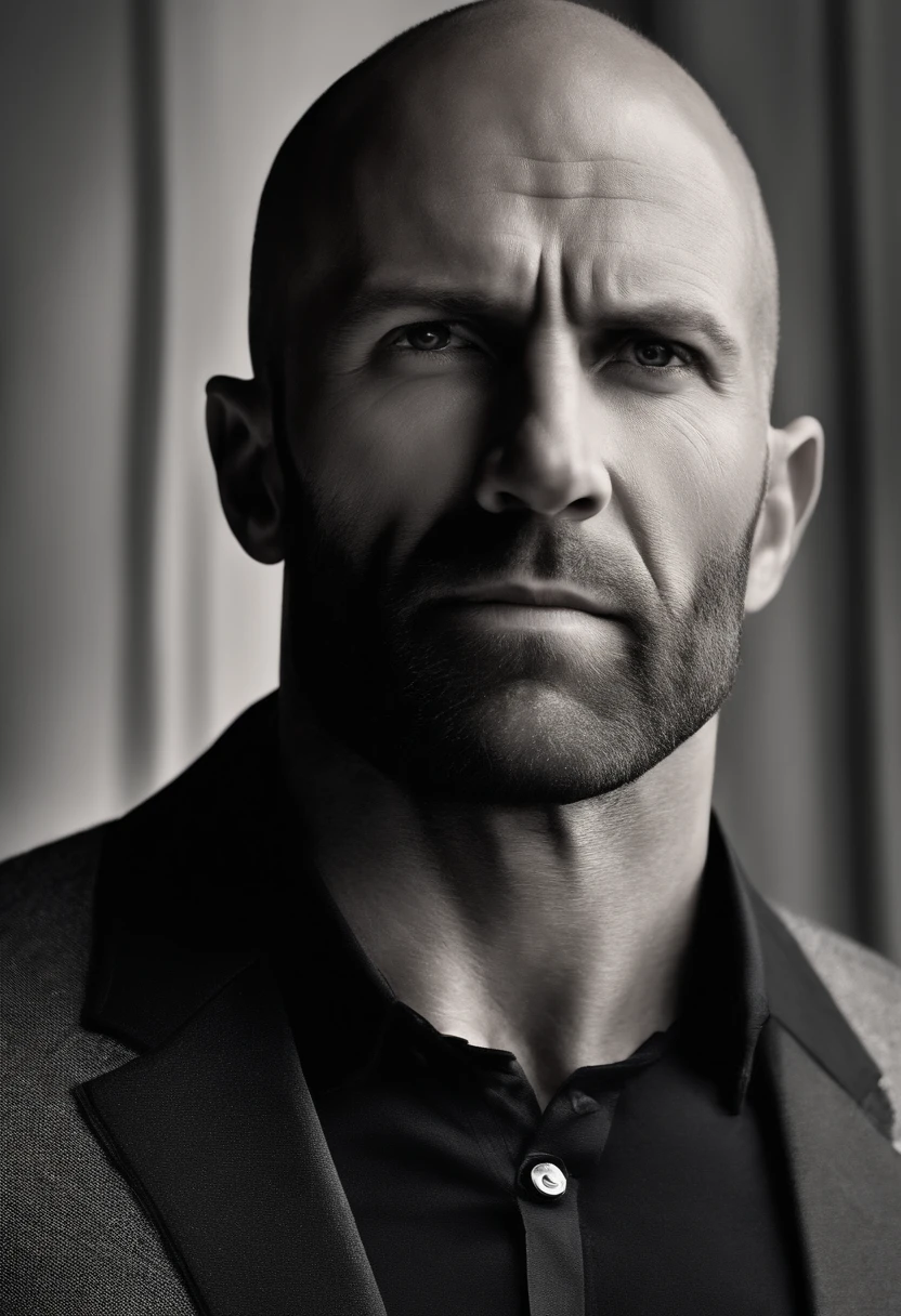 Image of a man for a story in a YouTube video in Pixar format, El es casi calvo, Tiene una barba fina, Se parece mucho a Jason Statham y tiene una mirada seductora.. He is 40 years old, But he shows a very young spirit and at the same time he is a very serious and responsible man... Lleva una camiseta negra, y tiene ojos muy expresivos