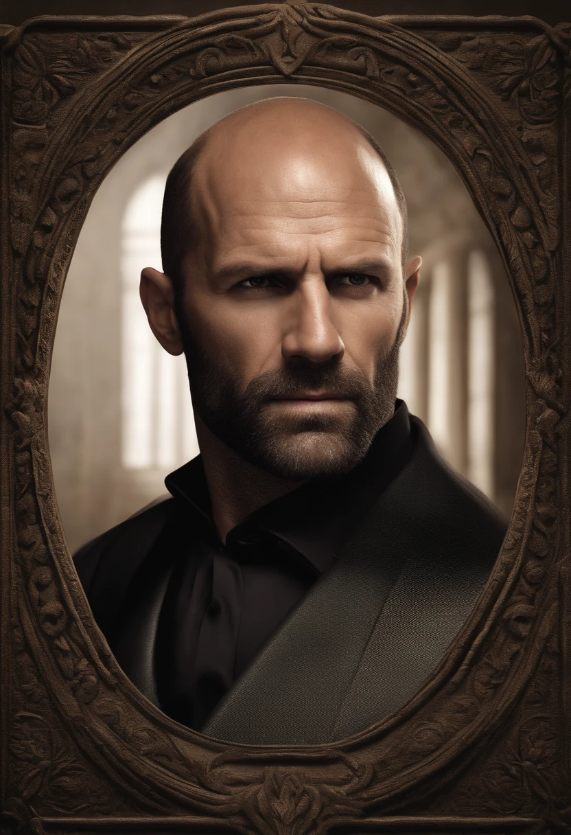Image of a man for a story in a YouTube video in Pixar format, El es casi calvo, Tiene una barba fina, Se parece mucho a Jason Statham y tiene una mirada seductora.. He is 40 years old, But he shows a very young spirit and at the same time he is a very serious and responsible man... Lleva una camiseta negra, y tiene ojos muy expresivos