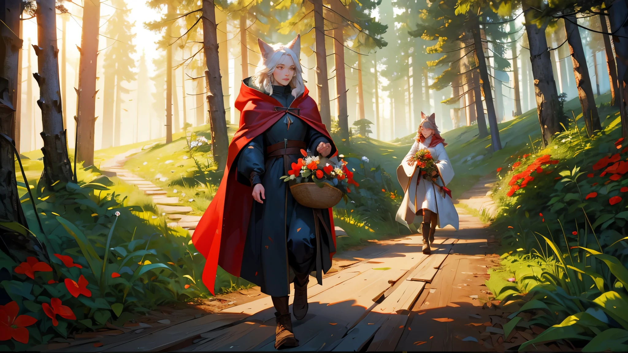 The  in a red cloak picks flowers in the forest and the wolf runs towards the grandmother's house. The girl is holding a bouquet of colorful flowers and has placed the food basket on the floor. The wolf looks at the girl and has a sly face. He has a trail of dust behind him. The forest is full of all kinds of plants and animals.