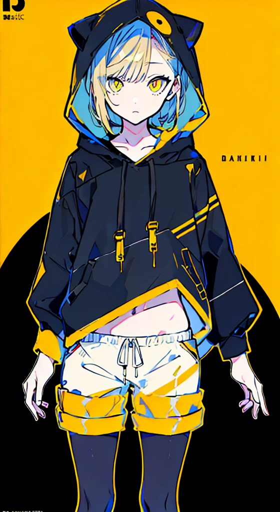 (masterpiece, highest quality:1.6), alone, thick outline, (simple background, Dark yellow background, monochrome, dark yellow theme:1.2), official art, Key Visual, 8K, confused, whole body, (Unique hair, oversized hoodie, hot pants, arch back, short torso:1.2), belly button, thighs, cowboy shot, HDR, sharp focus, High resolution, most detailed, very detailed, Super detailed, finely, detailed eyes and face, sharp pupils, realistic student