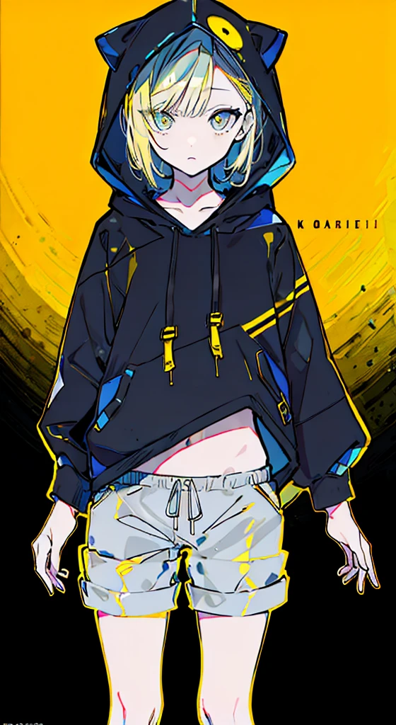 (masterpiece, highest quality:1.6), alone, thick outline, (simple background, Dark yellow background, monochrome, dark yellow theme:1.2), official art, Key Visual, 8K, confused, whole body, (Unique hair, oversized hoodie, hot pants, arch back, short torso:1.2), belly button, thighs, cowboy shot, HDR, sharp focus, High resolution, most detailed, very detailed, Super detailed, finely, detailed eyes and face, sharp pupils, realistic student