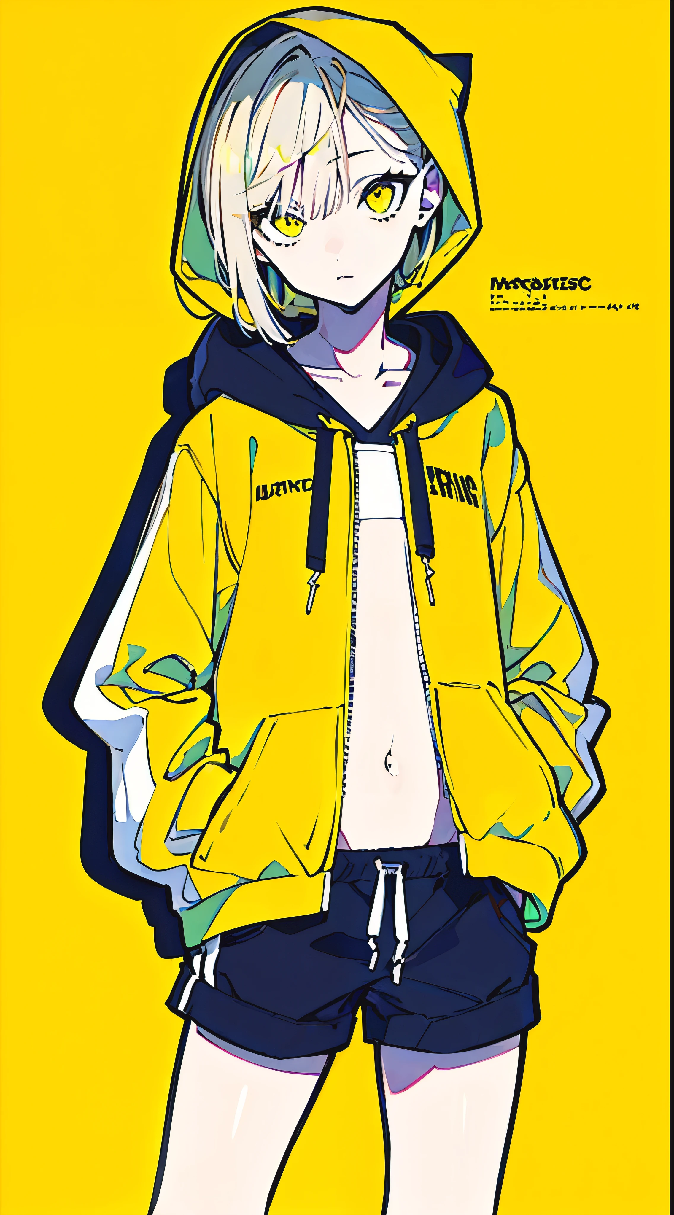 (masterpiece, highest quality:1.6), alone, thick outline, (simple background, Dark yellow background, monochrome, dark yellow theme:1.2), official art, Key Visual, 8K, confused, whole body, (Unique hair, oversized hoodie, hot pants, arch back, short torso:1.2), belly button, thighs, cowboy shot, HDR, sharp focus, High resolution, most detailed, very detailed, Super detailed, finely, detailed eyes and face, sharp pupils, realistic student