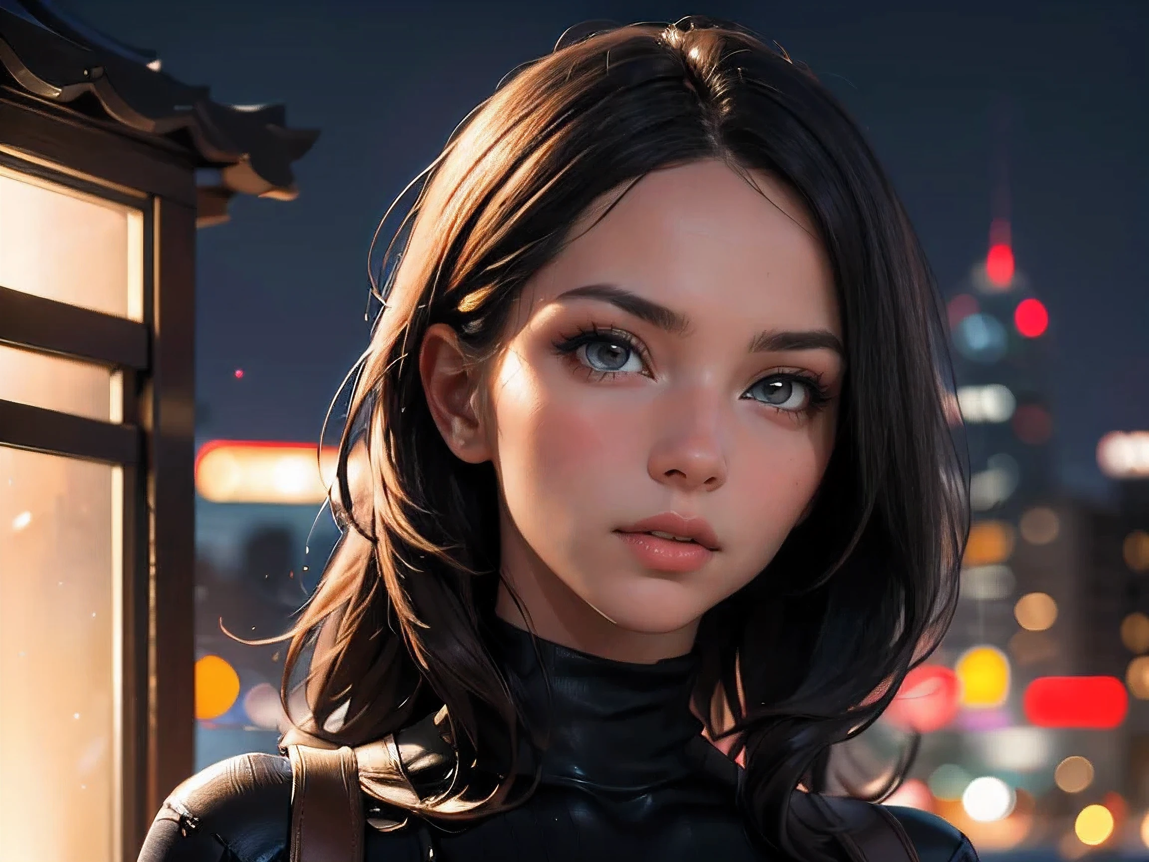 (((HD photo))), ultra high res.photorealistic:. 1.4, UHD, masterpiece, trending on artstation, closeup, frontal shot, portrait pretty, cute girl, most beautiful in the world, soft, delicate, long dark hair, large breasts, wearing turtleneck, sunkissed, minimal night background