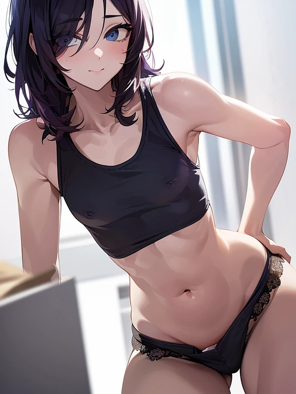 (((((ultra-detailed, disheveled hair, beautiful detailed eyes, beautiful, amazing, detailed eyes, perfect hands, masterpiece, best quality))))), (first_person_view), solo_focus, nsfw, shiny skin, ((pov)), break,
(((1cutemales, adult))), solo, hetero, (((short stature))), Thick thighs, ((medium short layered hair, blue eyes)), orgasm, loves smile, Estrus face, dynamic pose, break,
((outfit, tank top, shorts)), ((bulge)), ((puffy nipple bulge, small penis bulge, small testicles bulge, femboy bulge)), (Body line is emphasized), break, location, indoors,