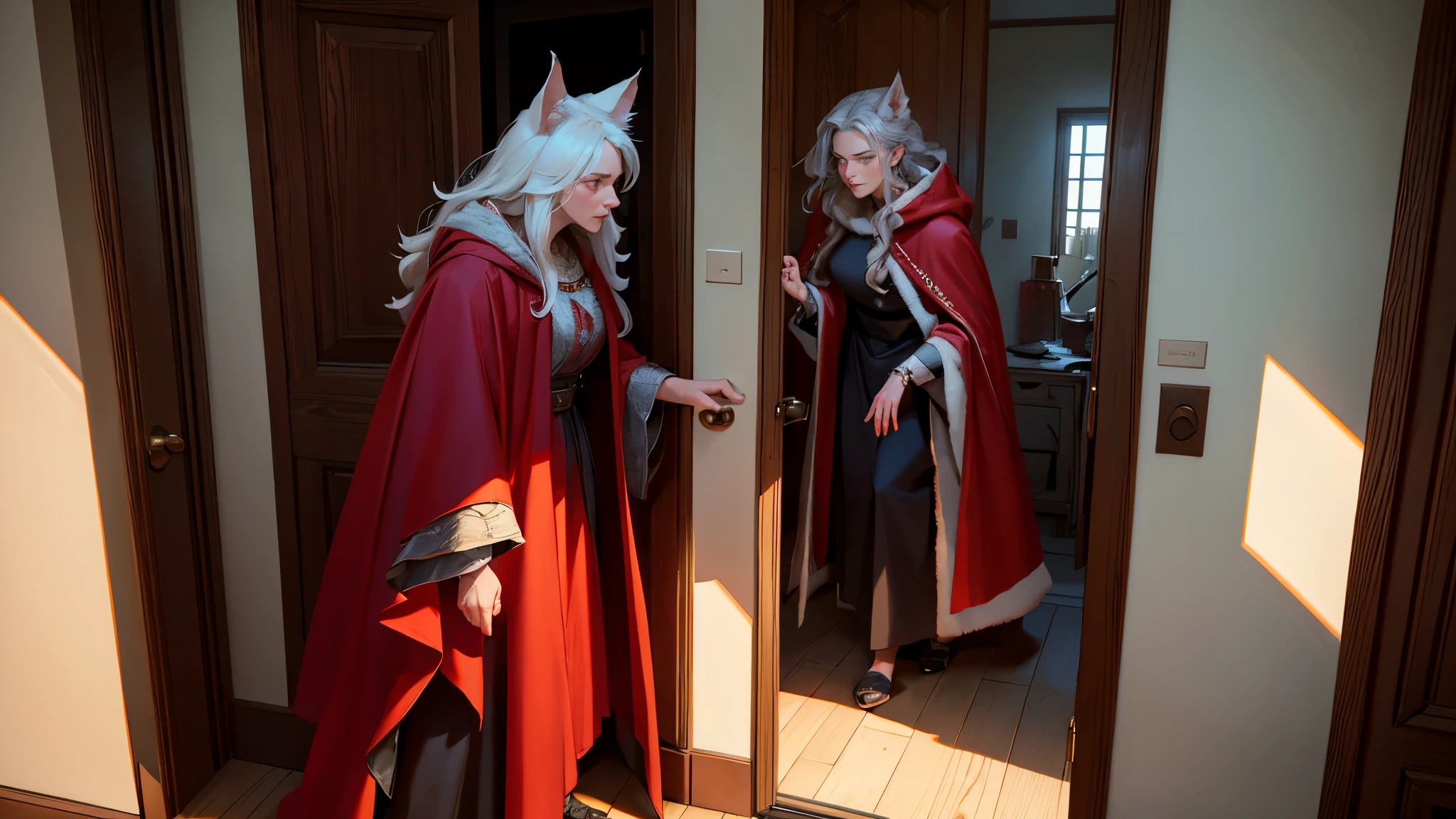 The wolf arrives at the grandmother's house and knocks on the door. Grandma, who is in bed, asks who it is. The wolf answers with a girl's voice and says that it is a red cloak. Grandma tells him to open the door and come in. The wolf opens the door and attacks the grandmother. The grandmother is scared and startled.