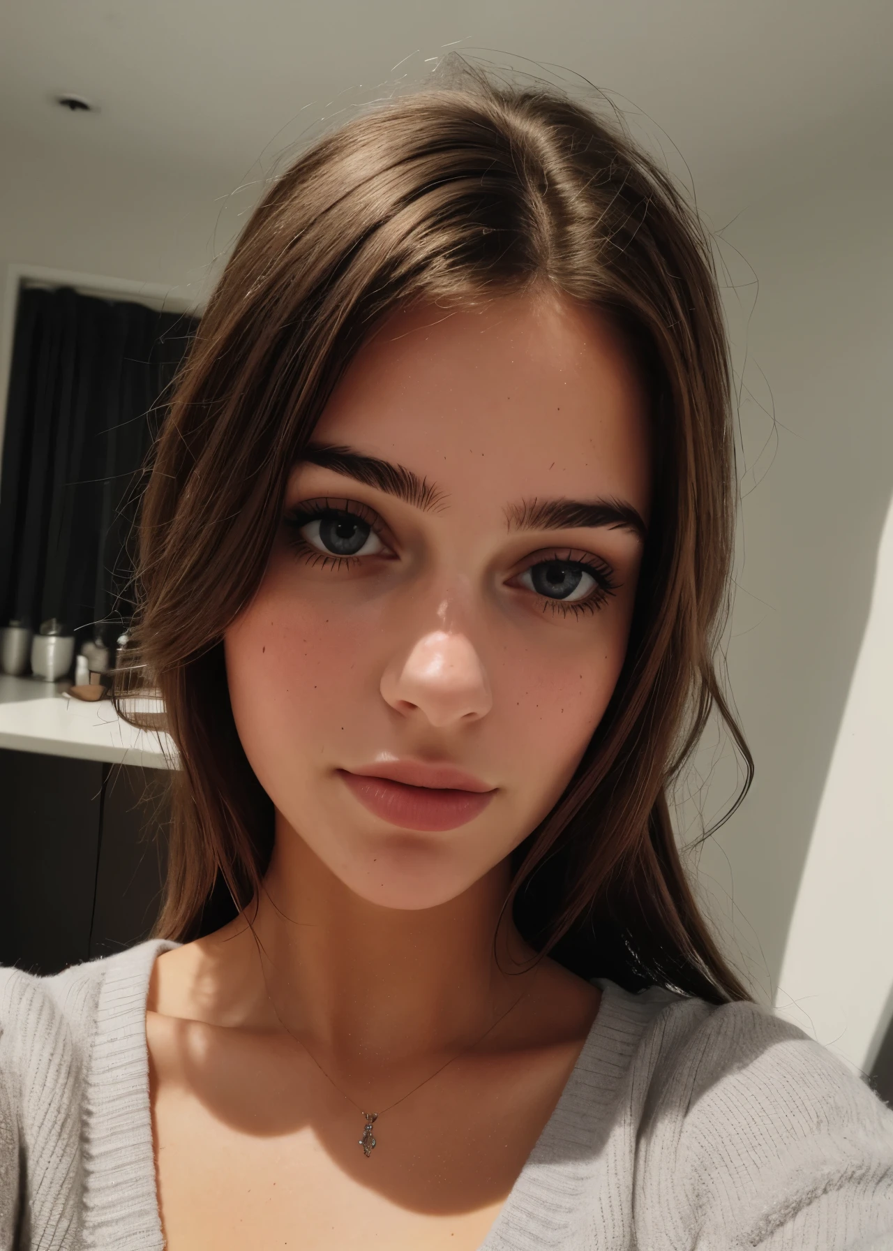 uma selfie de uma jovem bonita, Taken with iPhone camera with full lips in shorts lying on bed , cabelos ondulados perfeitos