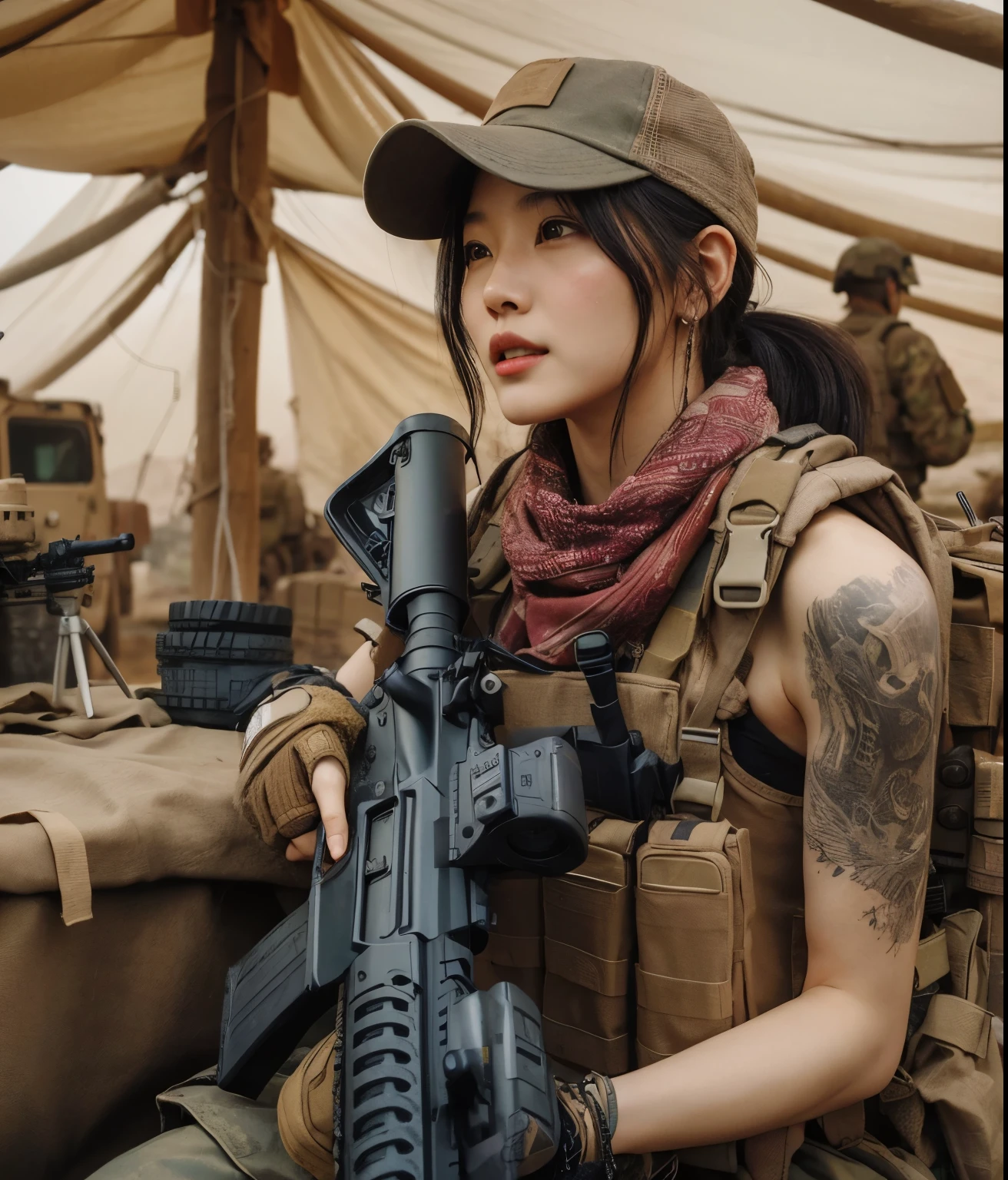 photorealistic、Realistic skin textures、A beautiful Japanese woman belonging to the U.S. military is laughing and talking at a base camp set up in a wasteland.、tent、military vehicle、automatic rifle propped up、bulletproof vest、afghan scarf、baseball cap、Backpack、Heavy equipment、tattoo、boots、、Action poses with movement、