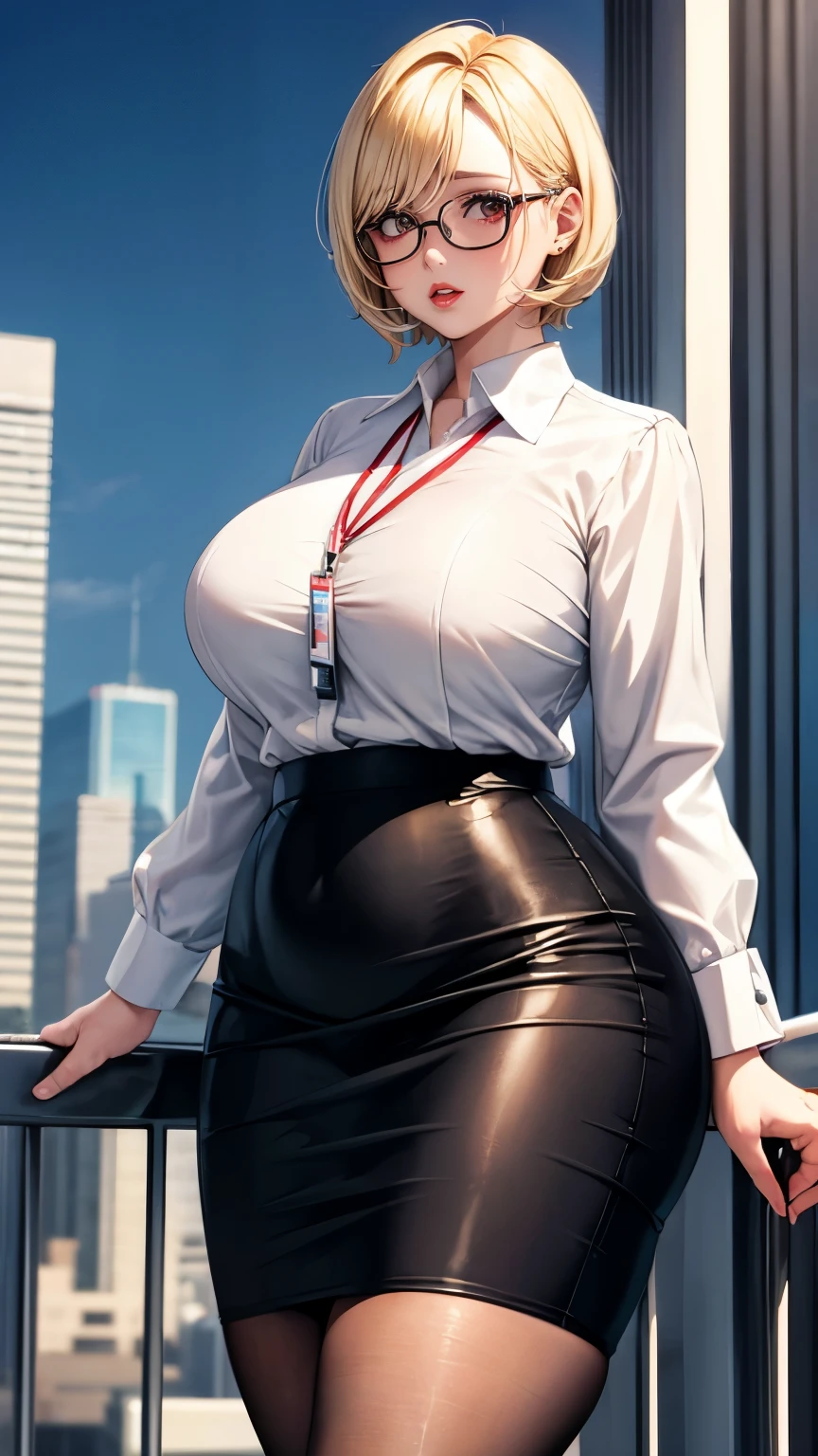 Blonde Shorthair Glasses white blouse black tight skirt stockings lanyard id card 35 years old red rouge plump lips round face Plump Eyes meet Office on the top floor of a skyscraper secretary