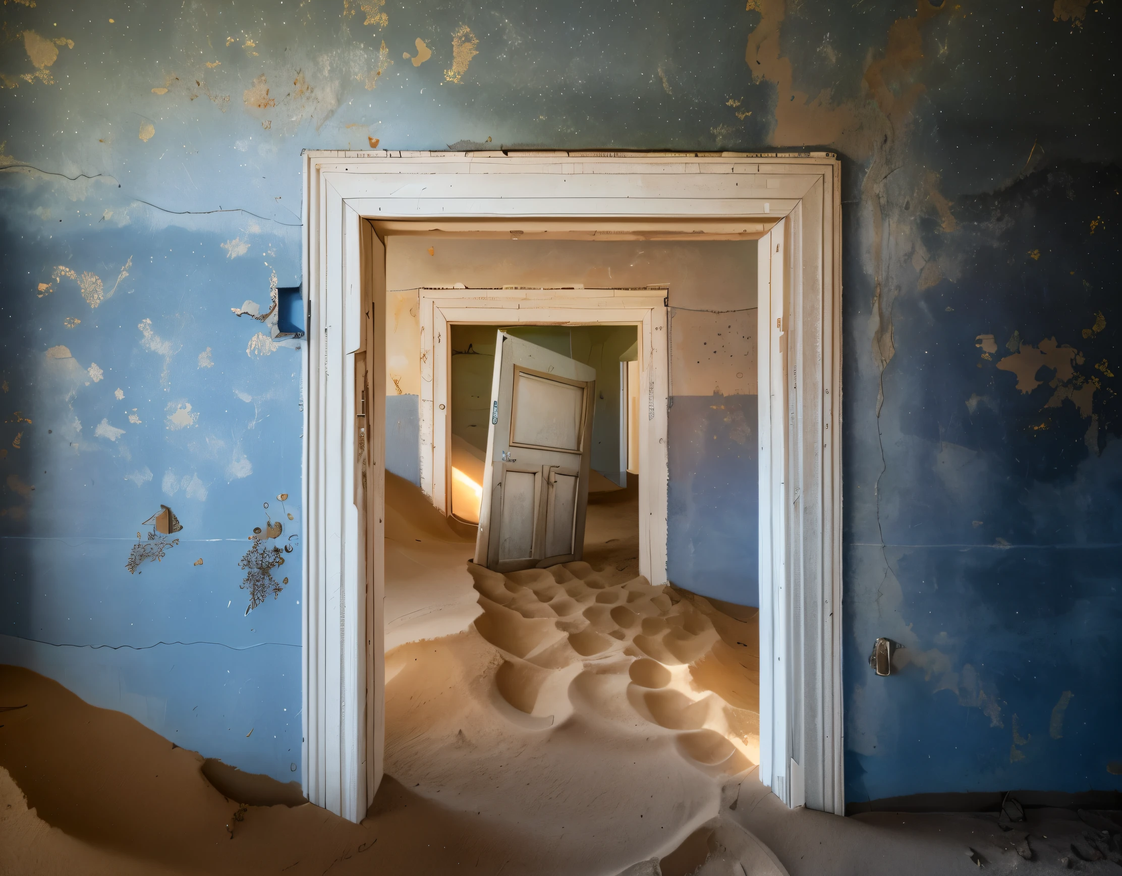 doorway leading to a room with sand and dirt on the floor, surreal abandoned buildings, abandoned in a desert, falling sand inside, doors that are cosmic portals, abandoned places, full of sand and dust, portal to another world, sand - colored walls, doorways, abandoned spaces, surreal scene, somewhere in sands of the desert, national geographic photo”, abandoned