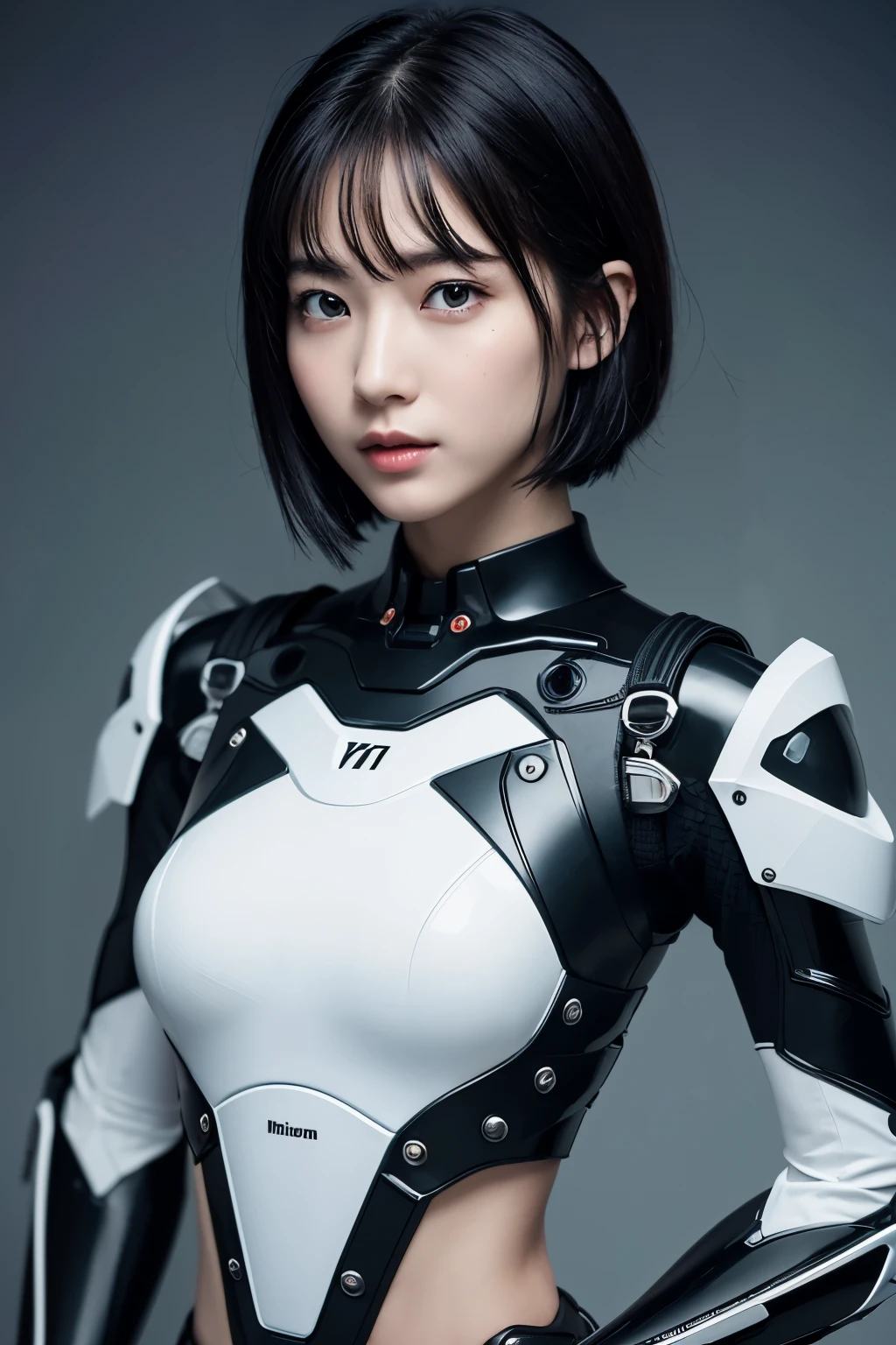 with the best quality、Express yourself as a robot girl with short hair, straight black hair,Nikon RAW photography、8 k、Fujifilm XT3、masterpiece、highest quality、real、Perfect Body Beauty、profusely、blood vessels connected to tubes, mechanical vertebrae attached to the back, Mechanical cervical spine attachment to the neck、combat uniform、((realな照明、highest quality、8K、masterpiece:1.3))、clear focus:1.2,pretty girl。