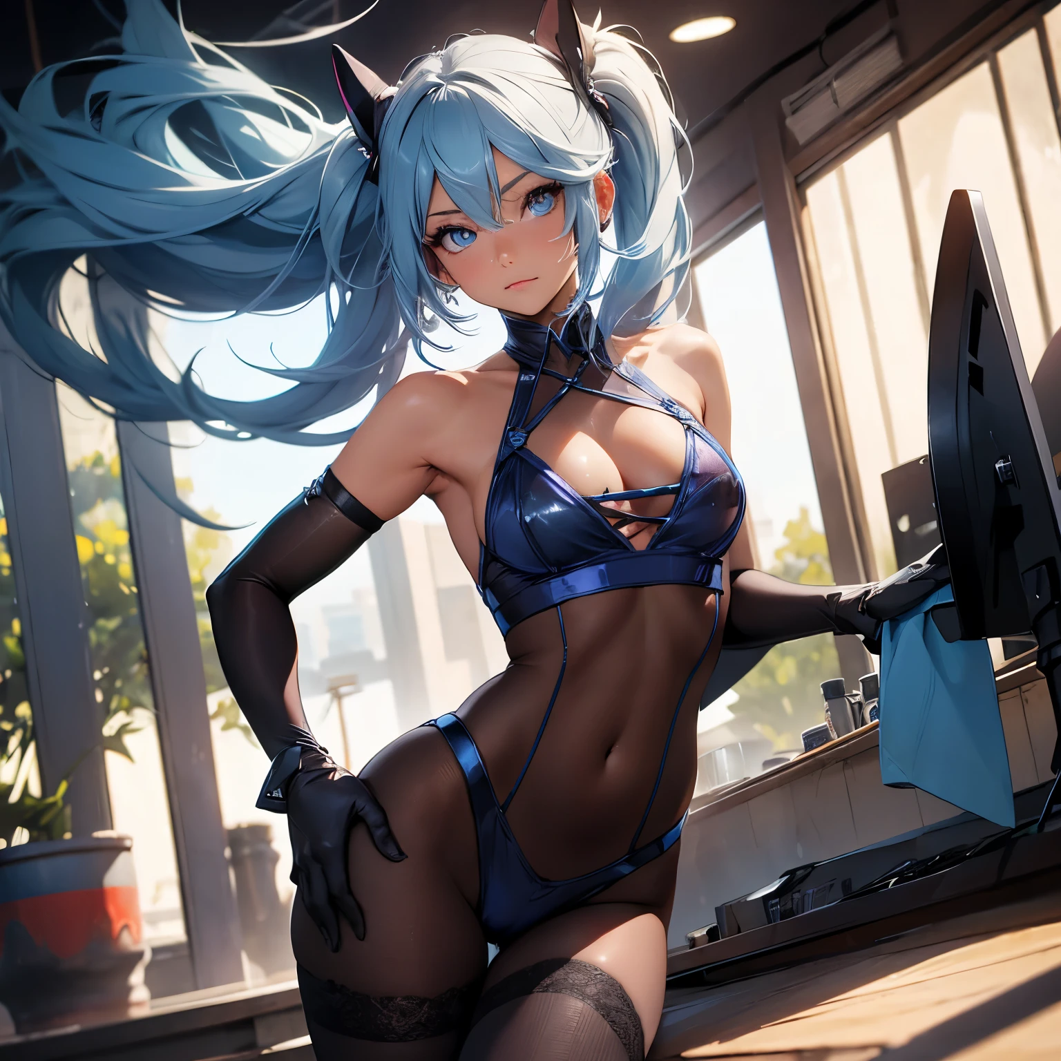 (quality)), ((masterpiece)), Recommended resultsluffly、(see through:1.5)、whole body 、Swollen nipples，straighten your back、huge bust、angle to floor:1.2、low camera angle、Hair loss on crotch、Whole body facing the camera，Hair can be seen on the crotch，Hatsune Miku, 1 girl, (alone:1.2), ((masterpiece)), [Slim], (), ((exquisite eyes)), (bokeh effect), medium shot, Yuradev,  (blue gloves), (blue tie), elegant，Xia tights