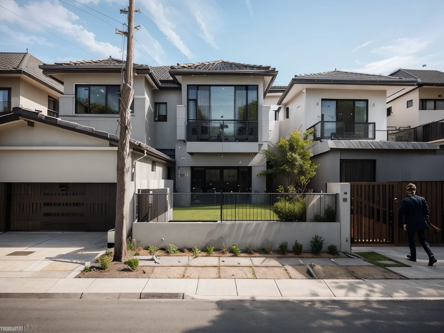 color photo of a modern and minimalist grey-colored Midcentury home. The house exudes an elegant and sophisticated vibe with its sleek lines, clean design, and neutral color palette. The exterior of the home is painted in a beautiful shade of grey, which perfectly complements the surrounding landscape. Large windows allow an abundance of natural light to flood the interior, creating a bright and airy atmosphere. The architectural details, such as the flat roof, angular shapes, and minimalistic landscaping, add to the overall contemporary aesthetic of the house. This grey Midcentury home stands as a timeless masterpiece, blending seamlessly with its surroundings.